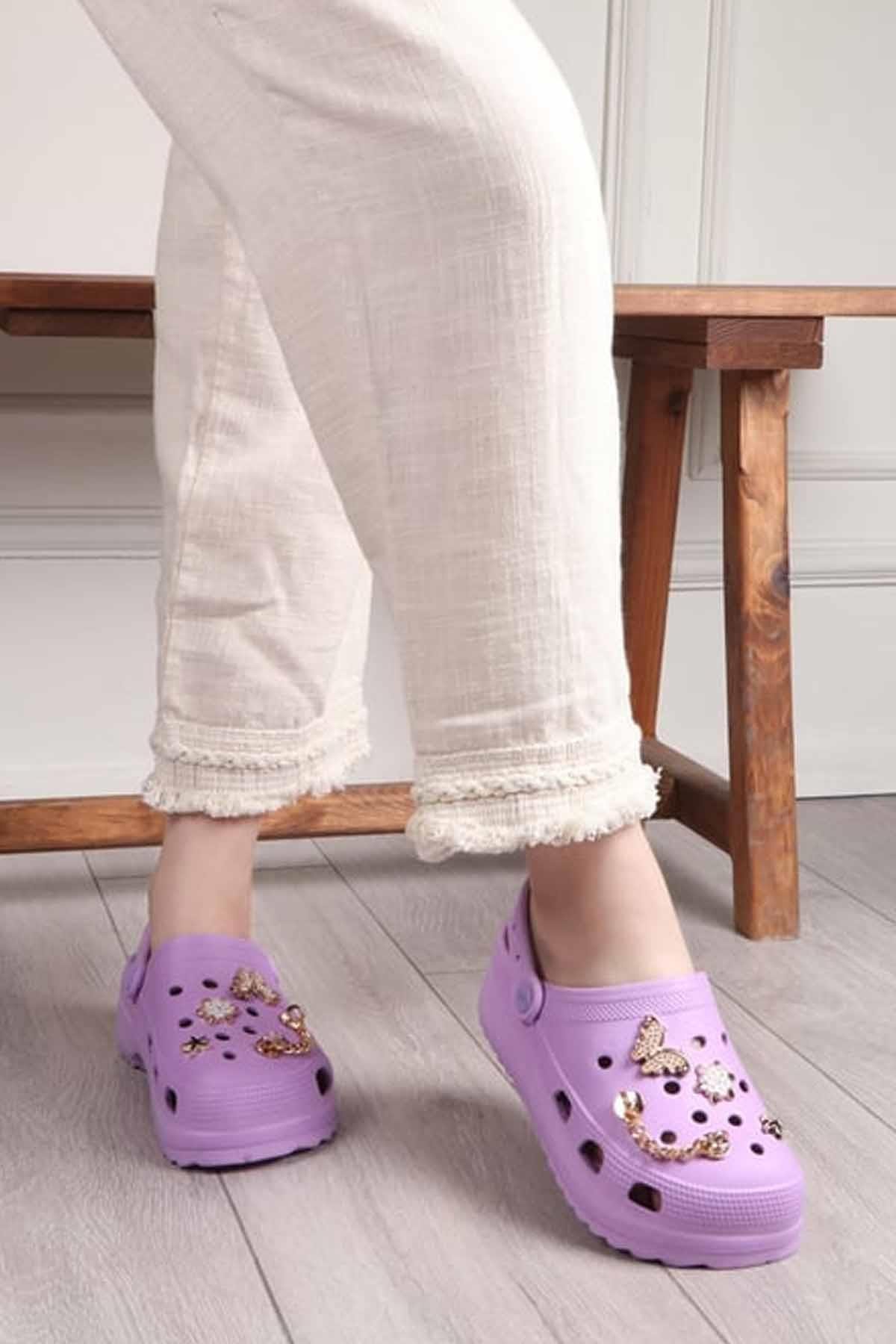 REKOR SPORTerlikKadın Yüksek Taban Taşlı Deniz Havuz Sabo Doktor Hemşire Hastane Comfort Günlük Kadın Terlik Ayakkabı R-S 205LİLLila