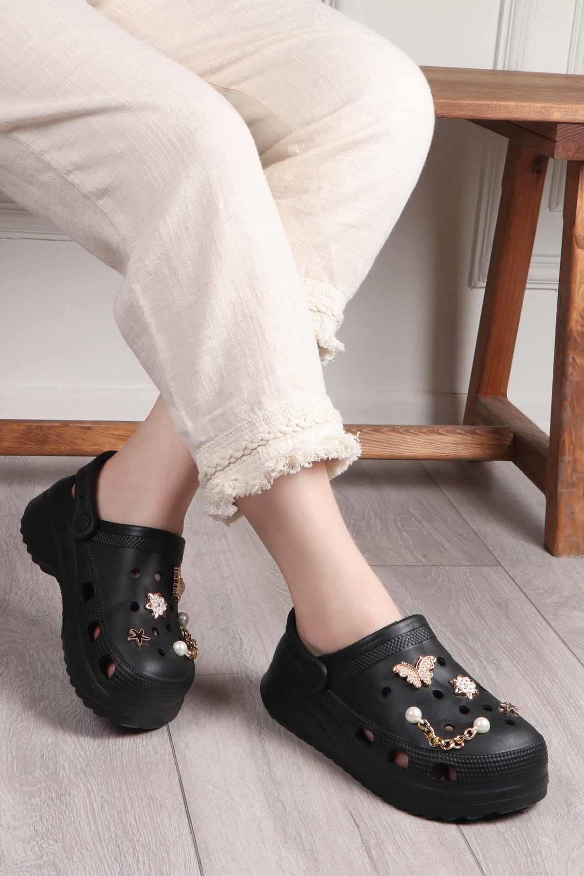 REKOR SPORTerlikKadın Yüksek Taban Taşlı Deniz Havuz Sabo Doktor Hemşire Hastane Comfort Günlük Kadın Terlik Ayakkabı R-S 205SYHSiyah