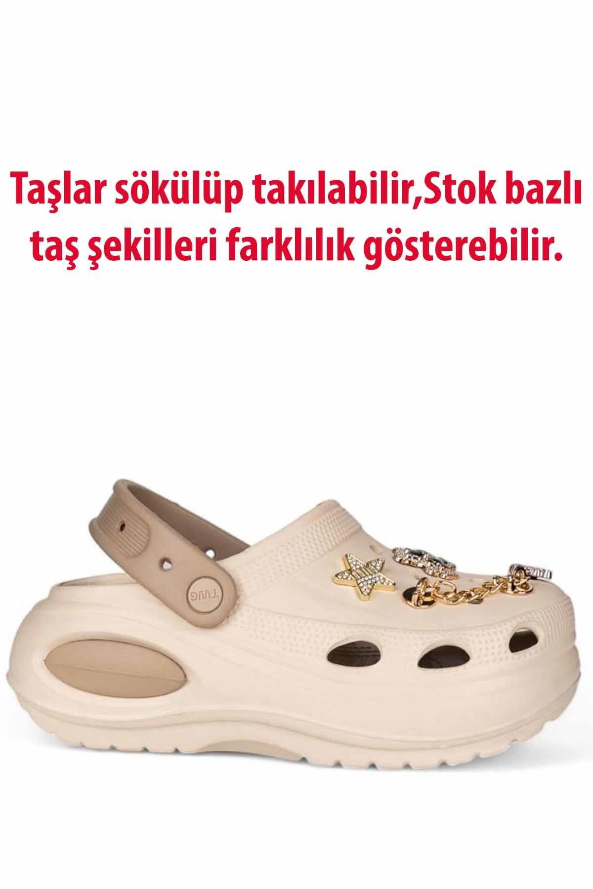 REKOR SPORTerlikKadın Yüksek Taban Taşlı Deniz Havuz Sabo Doktor Hemşire Hastane Comfort Günlük Kadın Terlik Ayakkabı R-S 642EKREkru