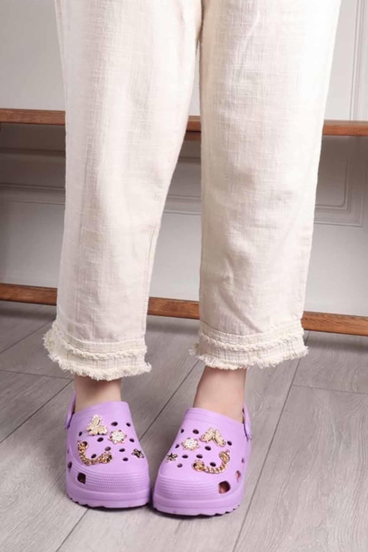 REKOR SPORTerlikKadın Yüksek Taban Taşlı Deniz Havuz Sabo Doktor Hemşire Hastane Comfort Günlük Kadın Terlik Ayakkabı R-S 205LİLLila