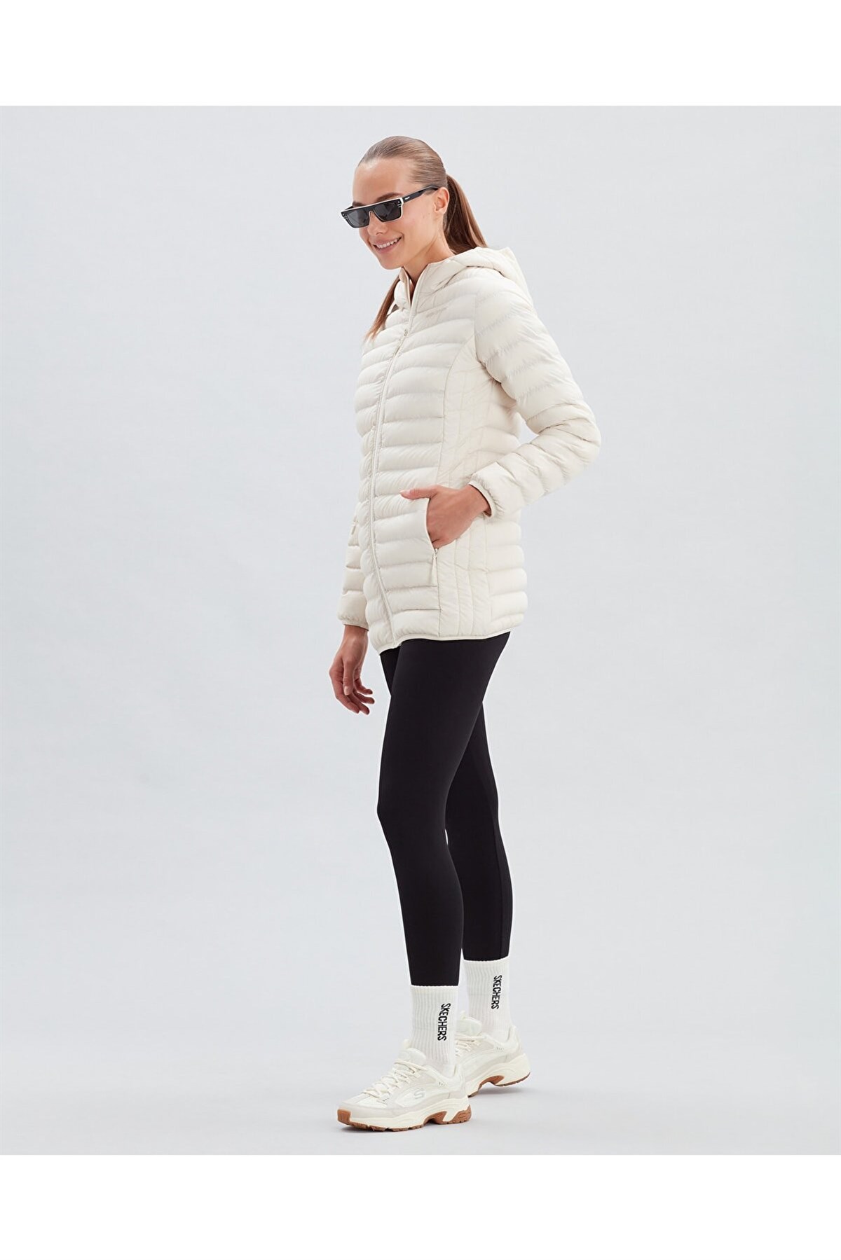 SKECHERSMontSkechers W Essential Midi Length Hooded Jacket Kadın Mont S212276-102 Off White