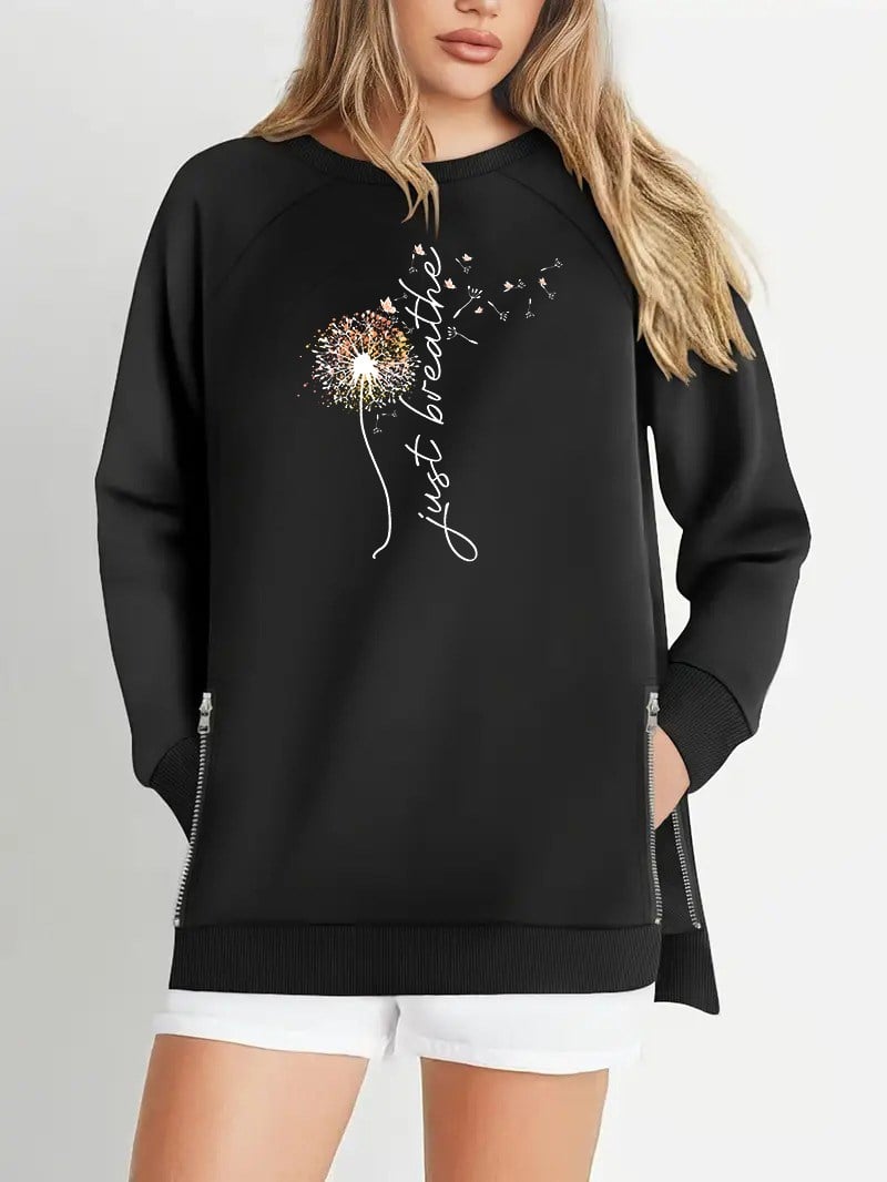 Büyük Beden Breathe Baskılı Fermur Yırtmaç Detaylı Oysho Kumaş Reglan Kol Sweashirt SiyahCurvy TrendBüyük Beden Breathe Baskılı Fermuar Yırtmaç Detaylı Oysho Kumaş Reglan Kol Sweashirt Siyah