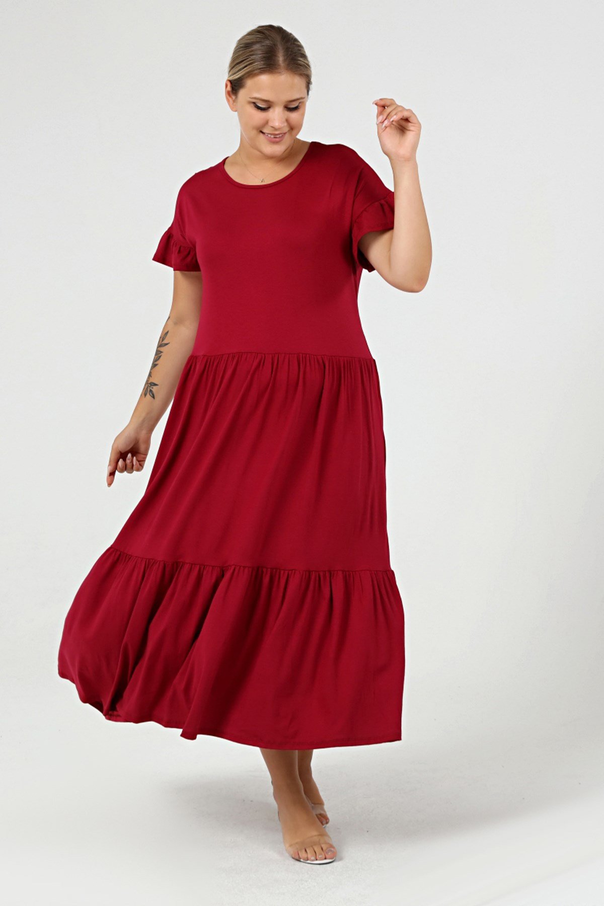 Büyük Beden Büzgülü Blok Fırfır Kol Elbise BordoCurvy TrendBüyük Beden Büzgülü Blok Fırfır Kol Elbise Bordo