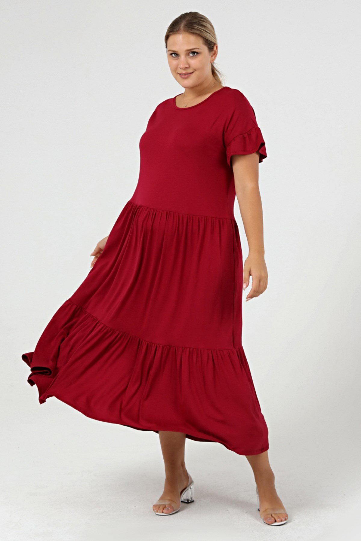 Büyük Beden Büzgülü Blok Fırfır Kol Elbise BordoCurvy TrendBüyük Beden Büzgülü Blok Fırfır Kol Elbise Bordo
