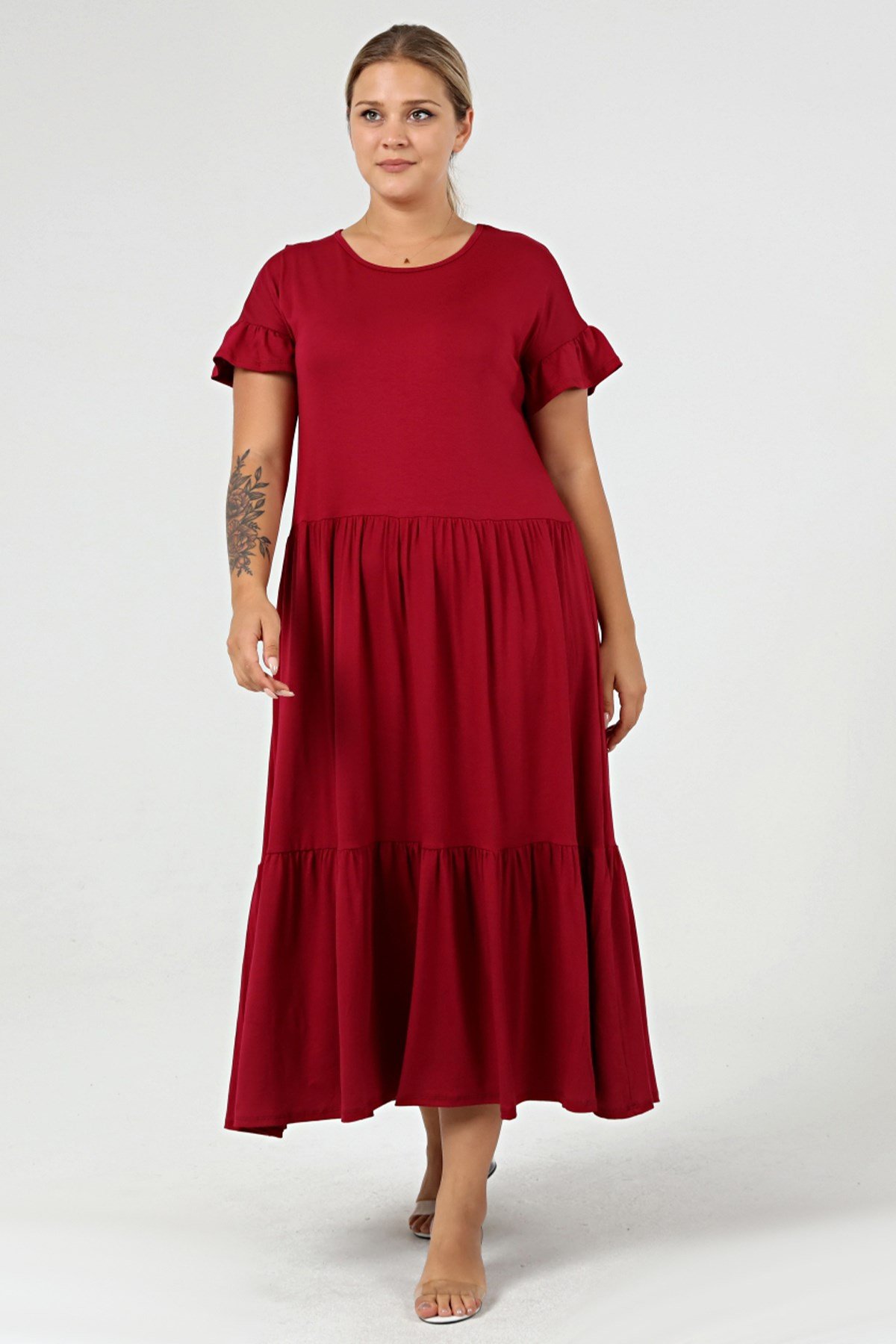 Büyük Beden Büzgülü Blok Fırfır Kol Elbise BordoCurvy TrendBüyük Beden Büzgülü Blok Fırfır Kol Elbise Bordo