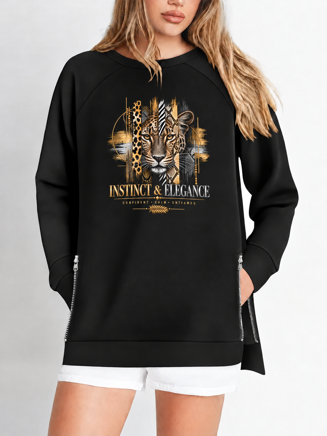 Büyük Beden Instinct Elegance Baskılı Fermur Yırtmaç Detaylı Oysho Kumaş Reglan Kol Sweatshirt SiyahCurvy TrendBüyük Beden Instinct Elegance Baskılı Fermur Yırtmaç Detaylı Oysho Kumaş Reglan Kol Sweatshirt Siyah