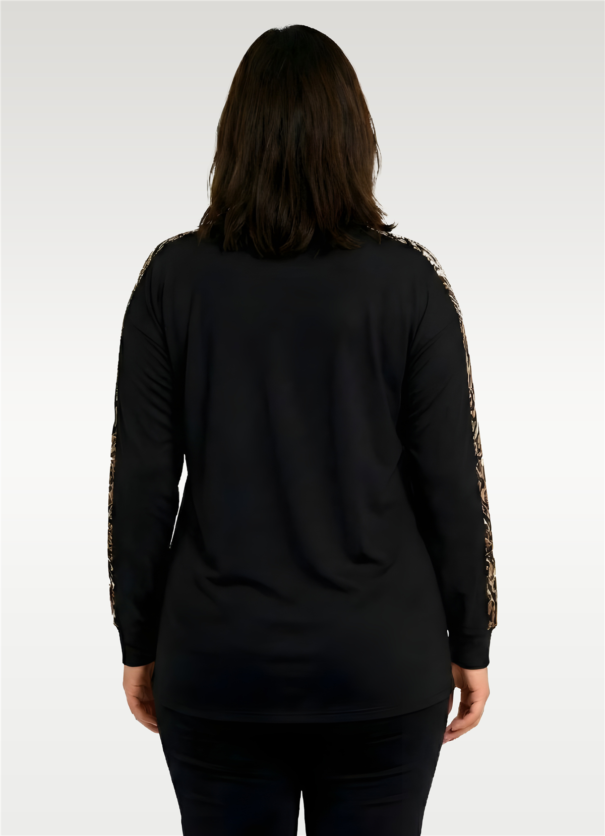 Büyük Beden Kolüstü Leopar Şerit Uzun Kol Bluz SiyahCurvy TrendBüyük Beden Kolüstü Leopar Şerit Uzun Kol Bluz Siyah