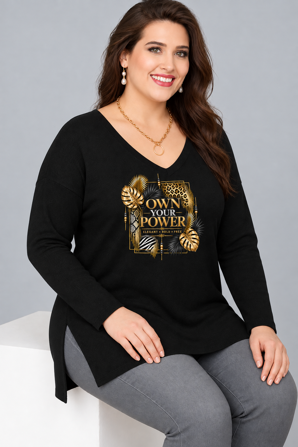 Büyük Beden Own Your Power Baskılı V Yaka Uzun Kol Yan Yırtmaçlı Bluz SiyahCurvy TrendBüyük Beden Own Your Power Baskılı V Yaka Uzun Kol Yan Yırtmaçlı Bluz Siyah