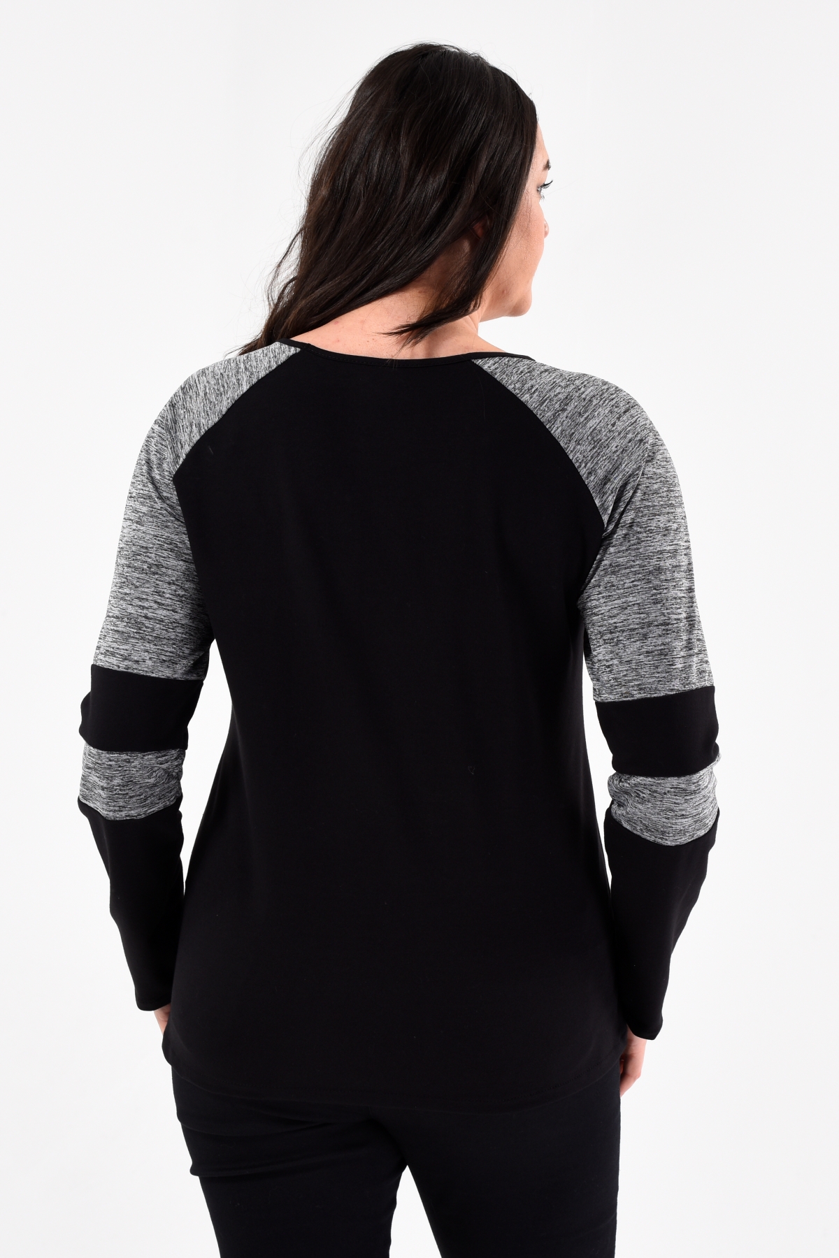 Büyük Beden Reglan Kol Gri Melanj Garni Detaylı Sweatshirt SiyahCurvy TrendBüyük Beden Reglan Kol Gri Melanj Garni Detaylı Sweatshirt Siyah
