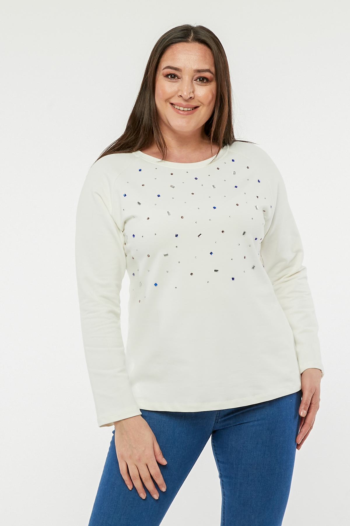 Büyük Beden Renkli Taş Baskılı Reglan Kol Sweatshirt EkruCurvy TrendBüyük Beden Renkli Taş Baskılı Reglan Kol Sweatshirt Ekru