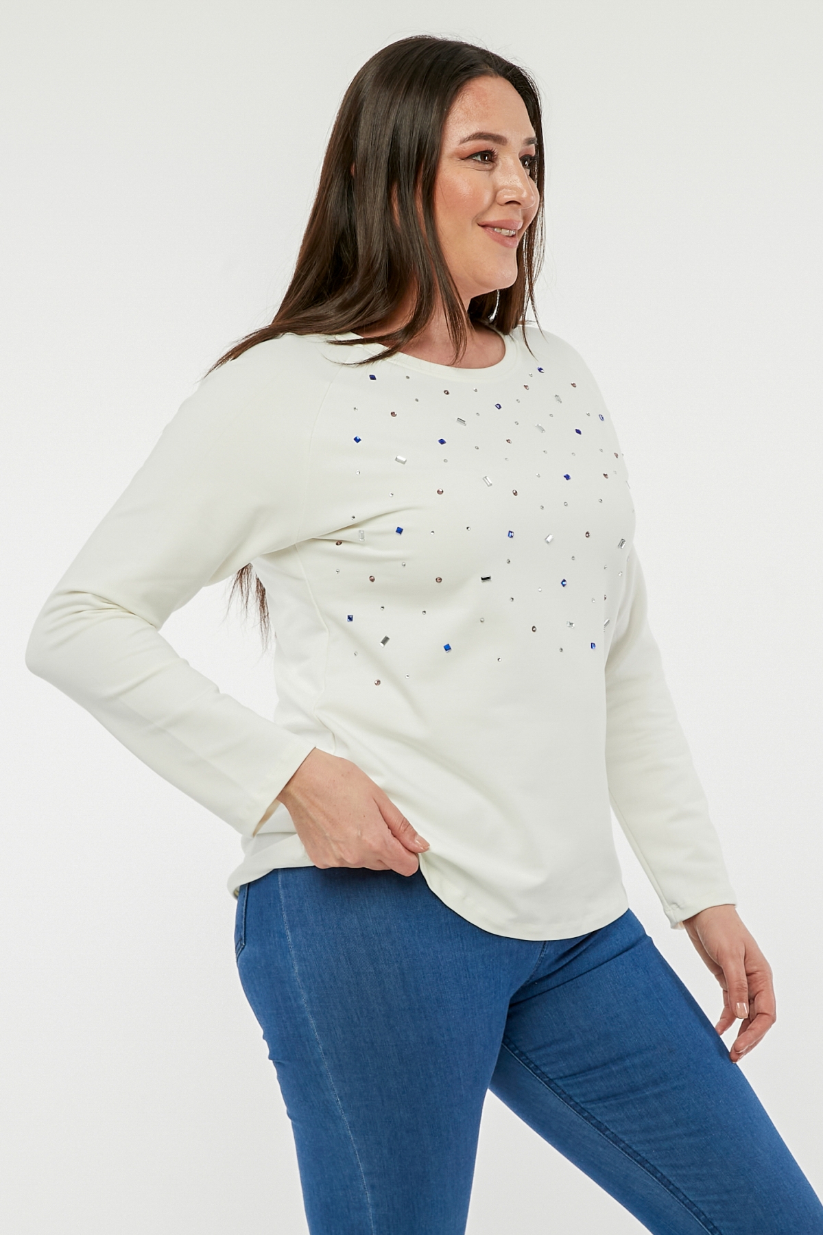 Büyük Beden Renkli Taş Baskılı Reglan Kol Sweatshirt EkruCurvy TrendBüyük Beden Renkli Taş Baskılı Reglan Kol Sweatshirt Ekru