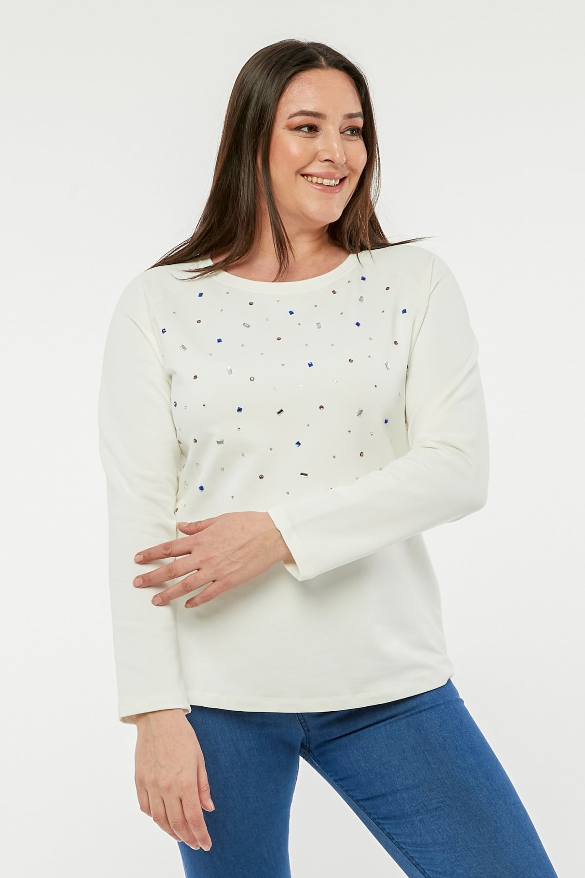 Büyük Beden Renkli Taş Baskılı Reglan Kol Sweatshirt EkruCurvy TrendBüyük Beden Renkli Taş Baskılı Reglan Kol Sweatshirt Ekru