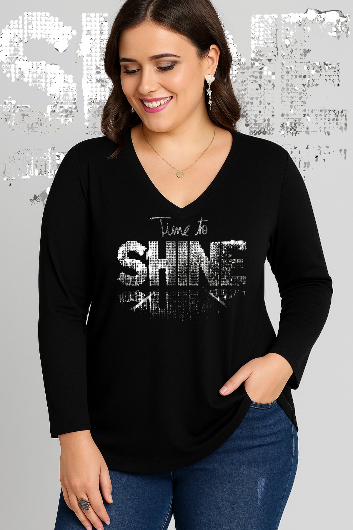 Büyük Beden Shine Baskılı V Yaka Uzun Kol Geniş Etekli Bluz SiyahCurvy TrendBüyük Beden Shine Baskılı V Yaka Uzun Kol Geniş Etekli Bluz Siyah