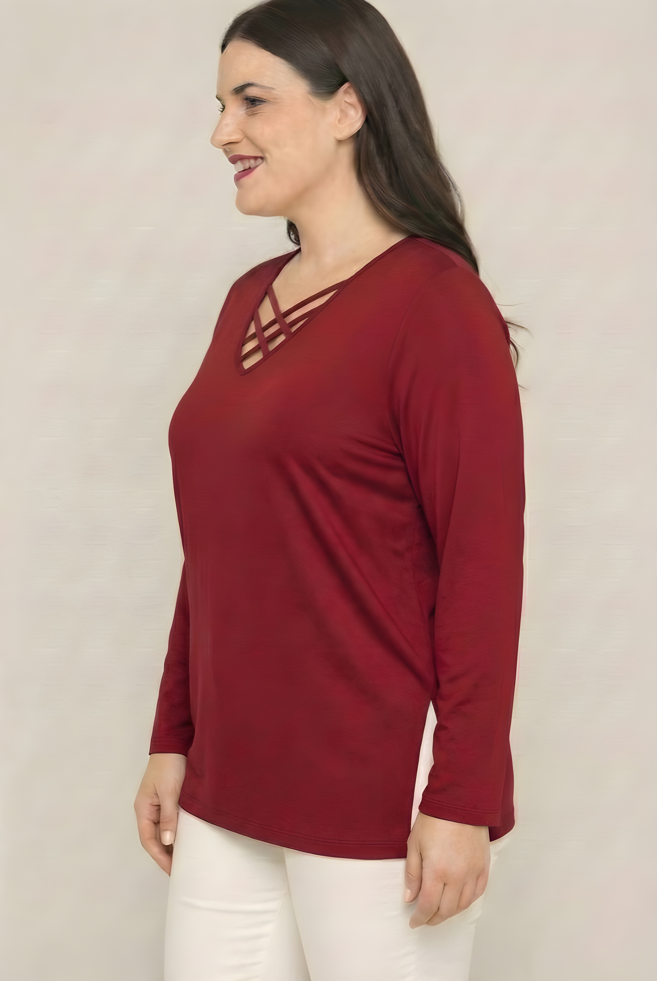 Büyük Beden V Yaka Çapraz 4 Bantlı Yan Yırtmaçlı Uzun Kol Bluz BordoCurvy TrendBüyük Beden V Yaka Çapraz 4 Bantlı Yan Yırtmaçlı Uzun Kol Bluz Bordo