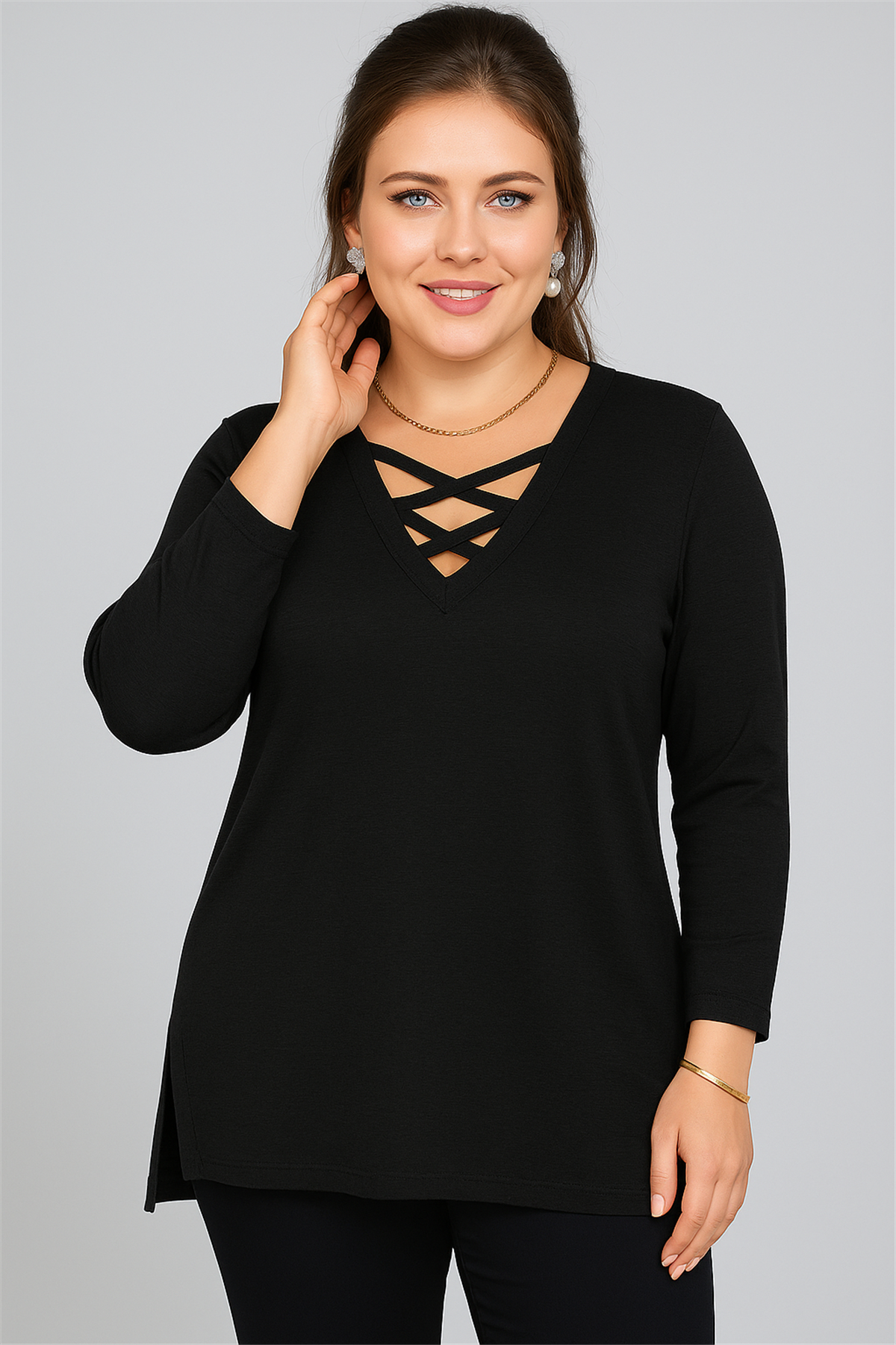 Büyük Beden V Yaka Çapraz Bantlı Uzun Kol Bluz SiyahCurvy TrendBüyük Beden V Yaka Çapraz Bantlı Uzun Kol Bluz Siyah