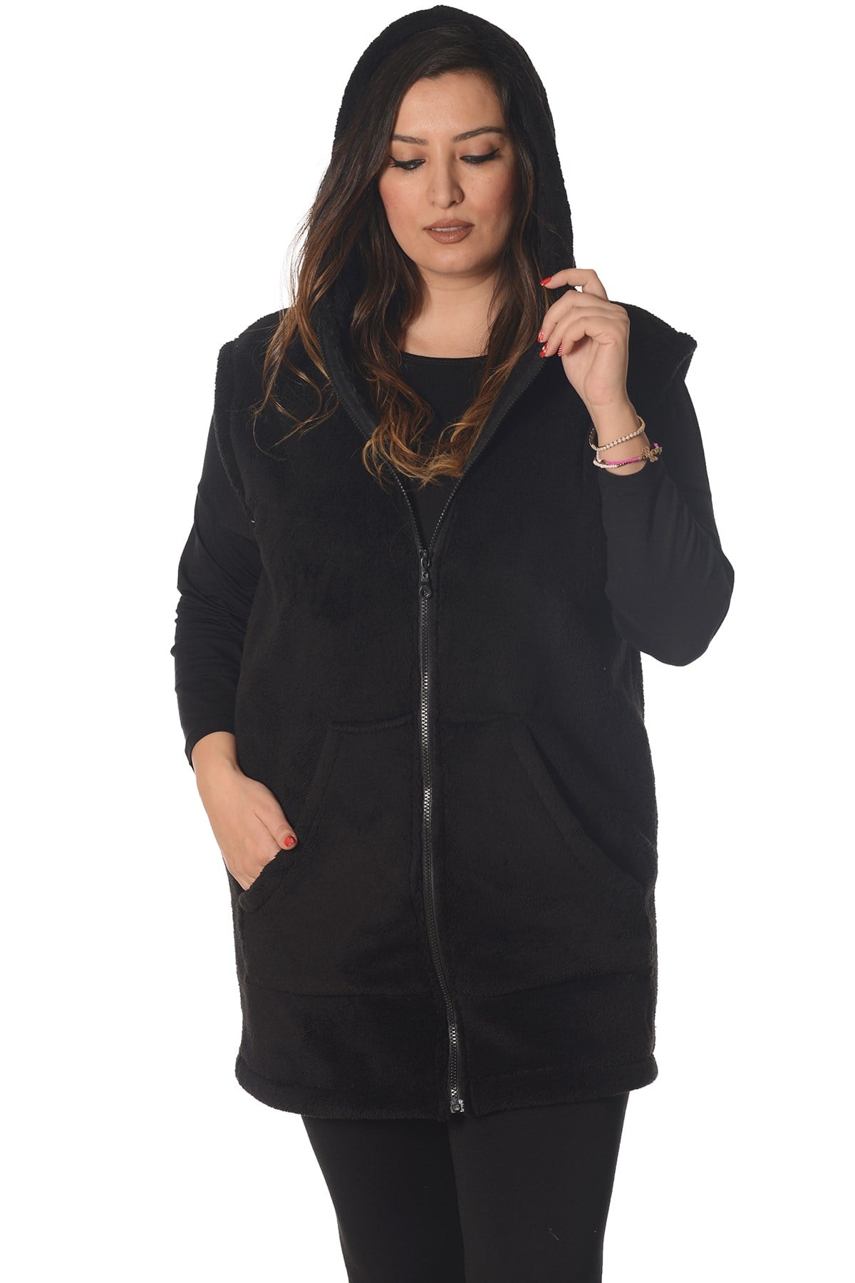 Moda Cazibe Büyük Beden Wellsoft Fermuarlı Kapşonlu Yelek SiyahModacazibeBüyük Beden Wellsoft Fermuarlı Kapşonlu Yelek Siyah