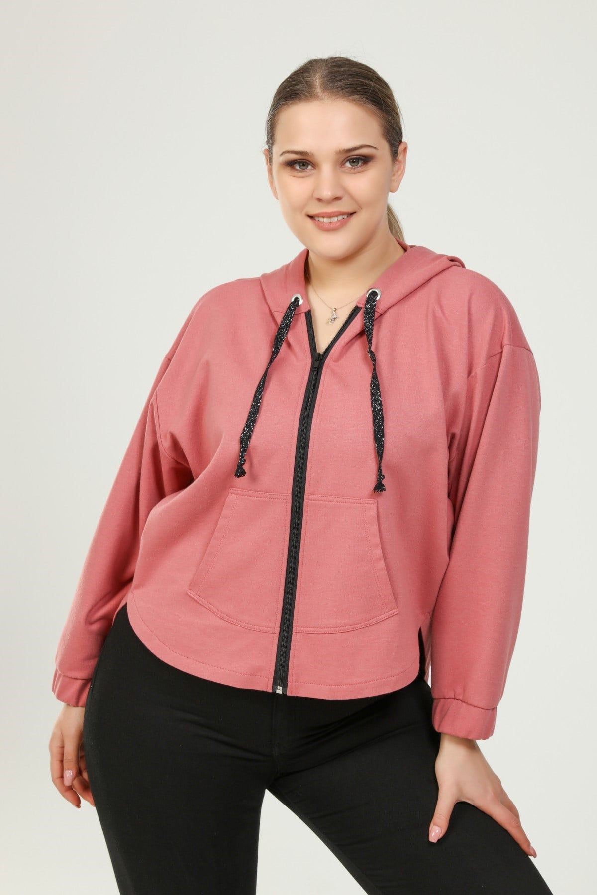 ModacazibeKapşonlu Fermuarlı 2 İplik Arkası Uzun Sweatshirt