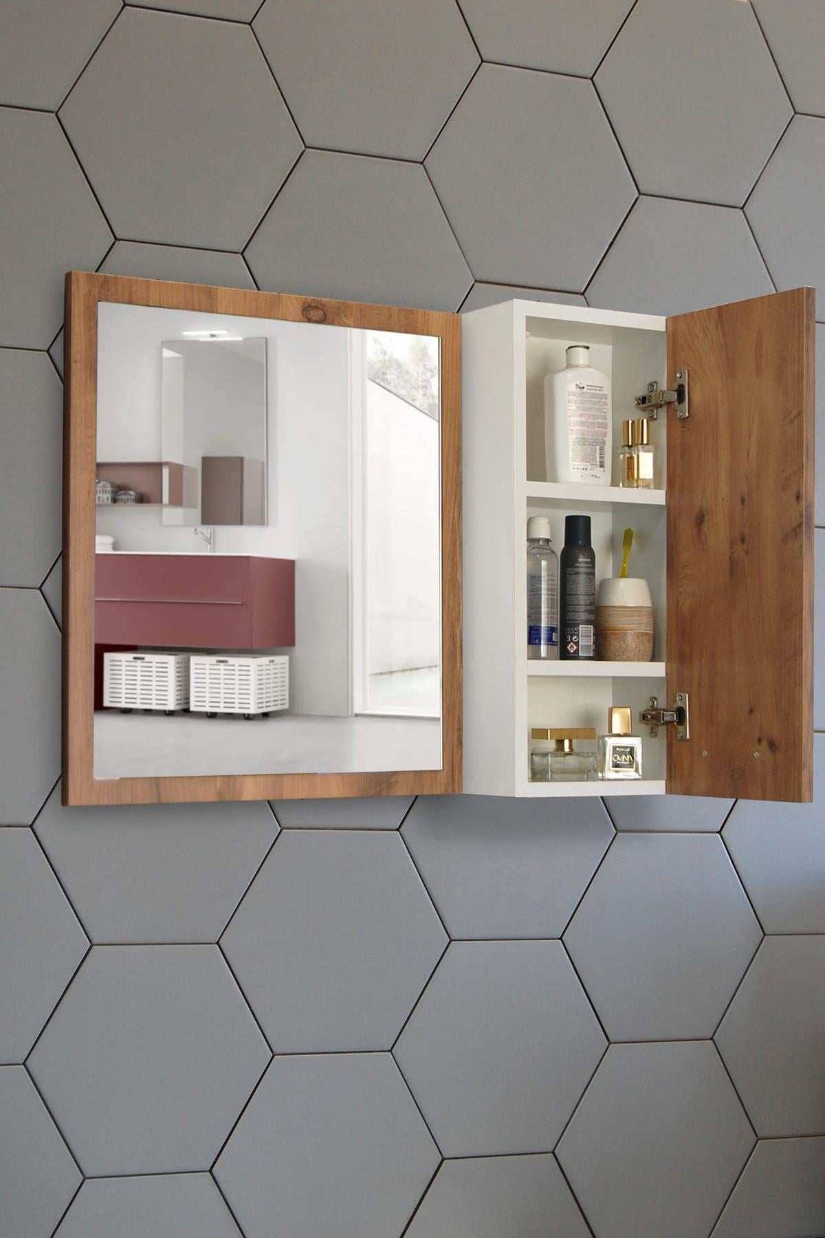 Nurcelant Banyo Dolabı Aynalı 80 cm Üst Modül Kayın