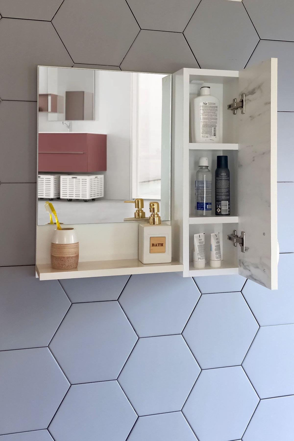 Nurcelant Banyo Dolabı Aynalı Raflı 60 cm Üst Modül Marmo Mermer Desenli