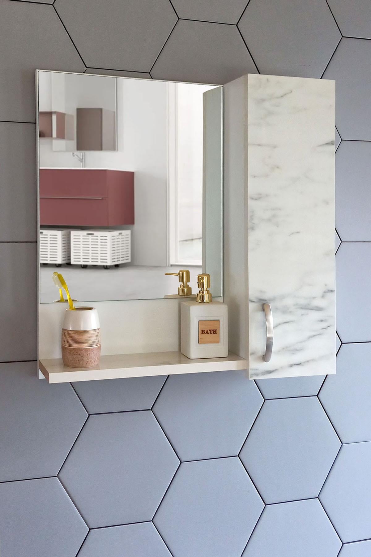 Nurcelant Banyo Dolabı Aynalı Raflı 60 cm Üst Modül Marmo Mermer Desenli