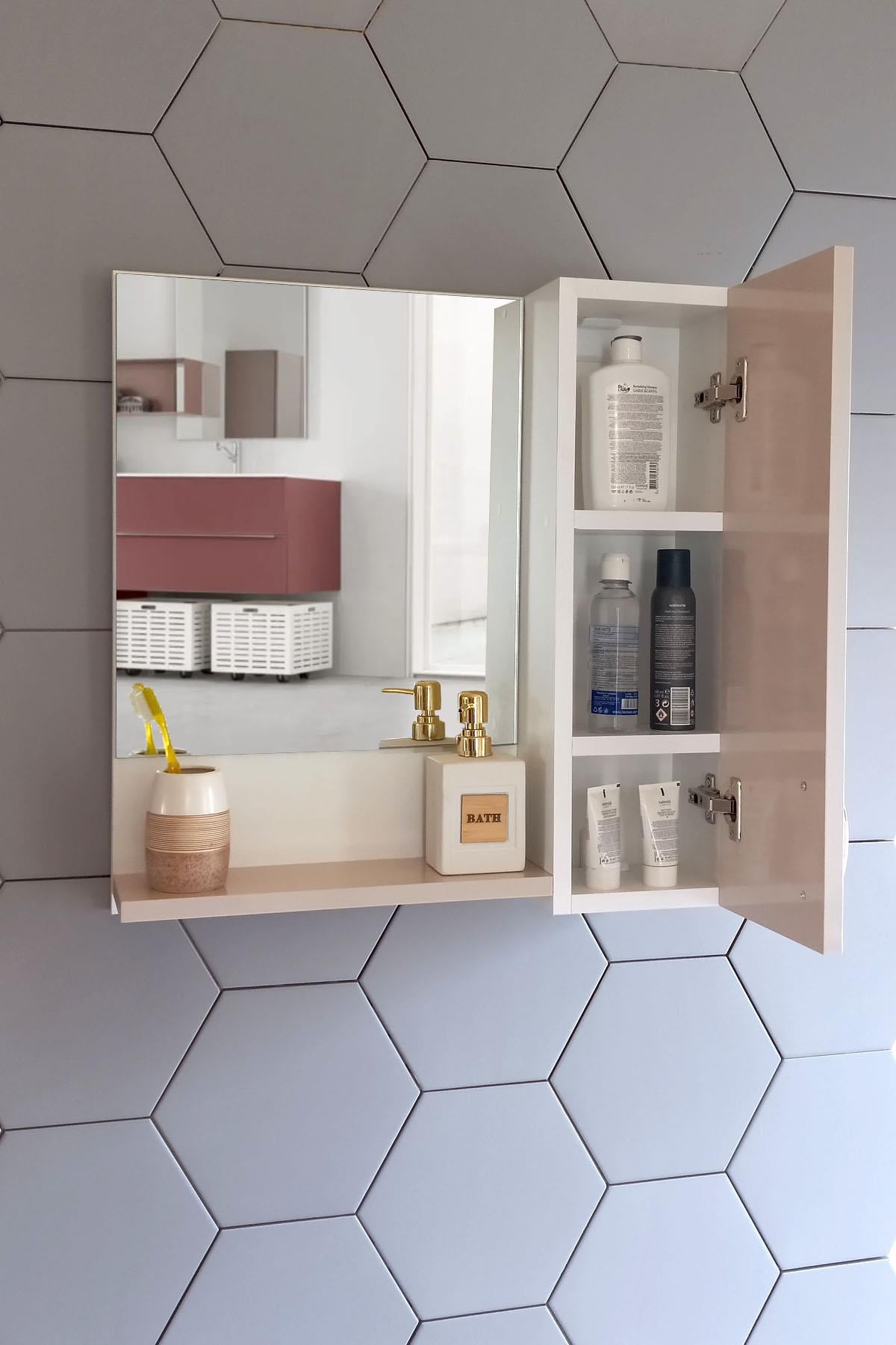 Nurcelant Banyo Dolabı Aynalı Raflı 60 cm Üst Modül Açık Pudra-Beyaz