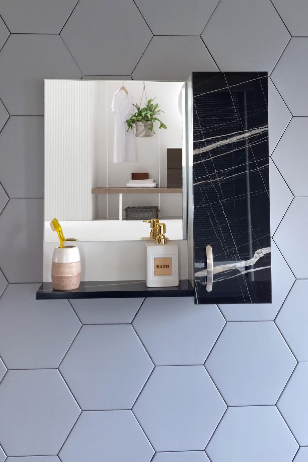 Nurcelant Banyo Dolabı Aynalı Raflı 60 cm Üst Modül Siyah Parlak Desenli Sonata