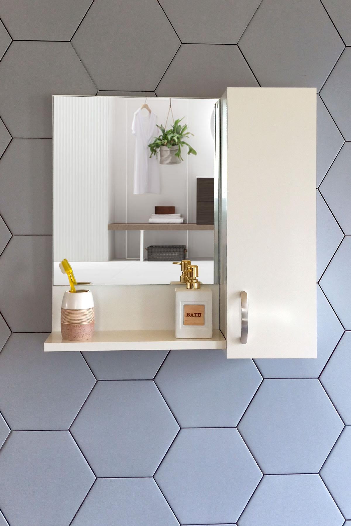 Nurcelant Banyo Dolabı Aynalı Raflı 60 cm Mdf Üst Modül Krem Renk