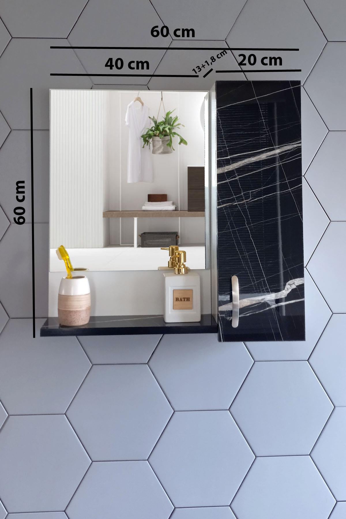 Nurcelant Banyo Dolabı Aynalı Raflı 60 cm Üst Modül Siyah Parlak Desenli Sonata