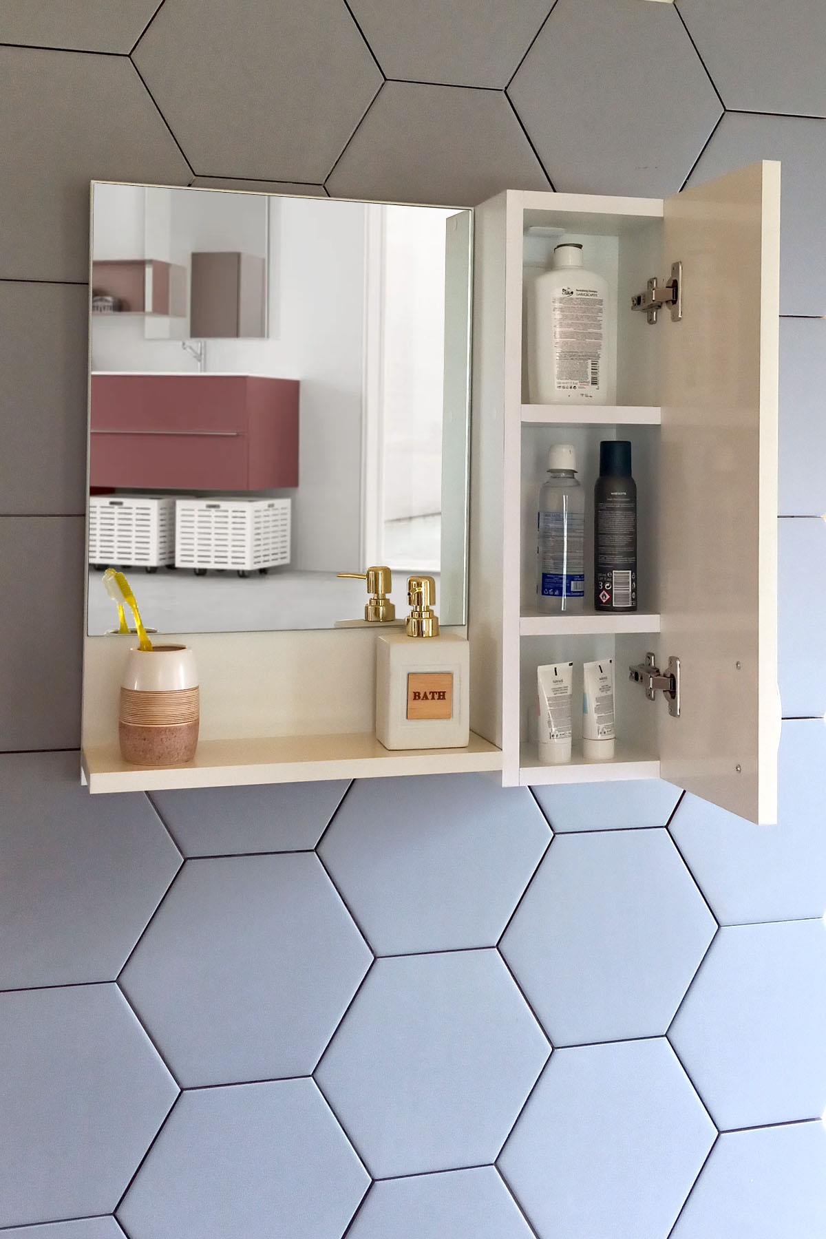 Nurcelant Banyo Dolabı Aynalı Raflı 60 cm Mdf Üst Modül Krem Renk
