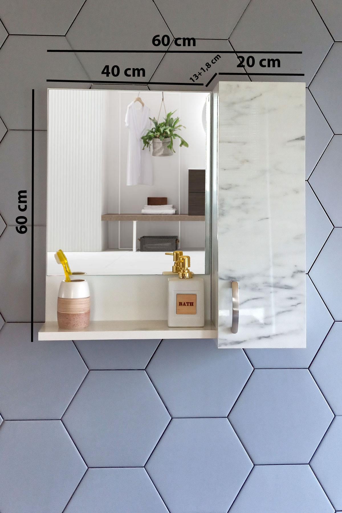 Nurcelant Banyo Dolabı Aynalı Raflı 60 cm Üst Modül Marmo Mermer Desenli