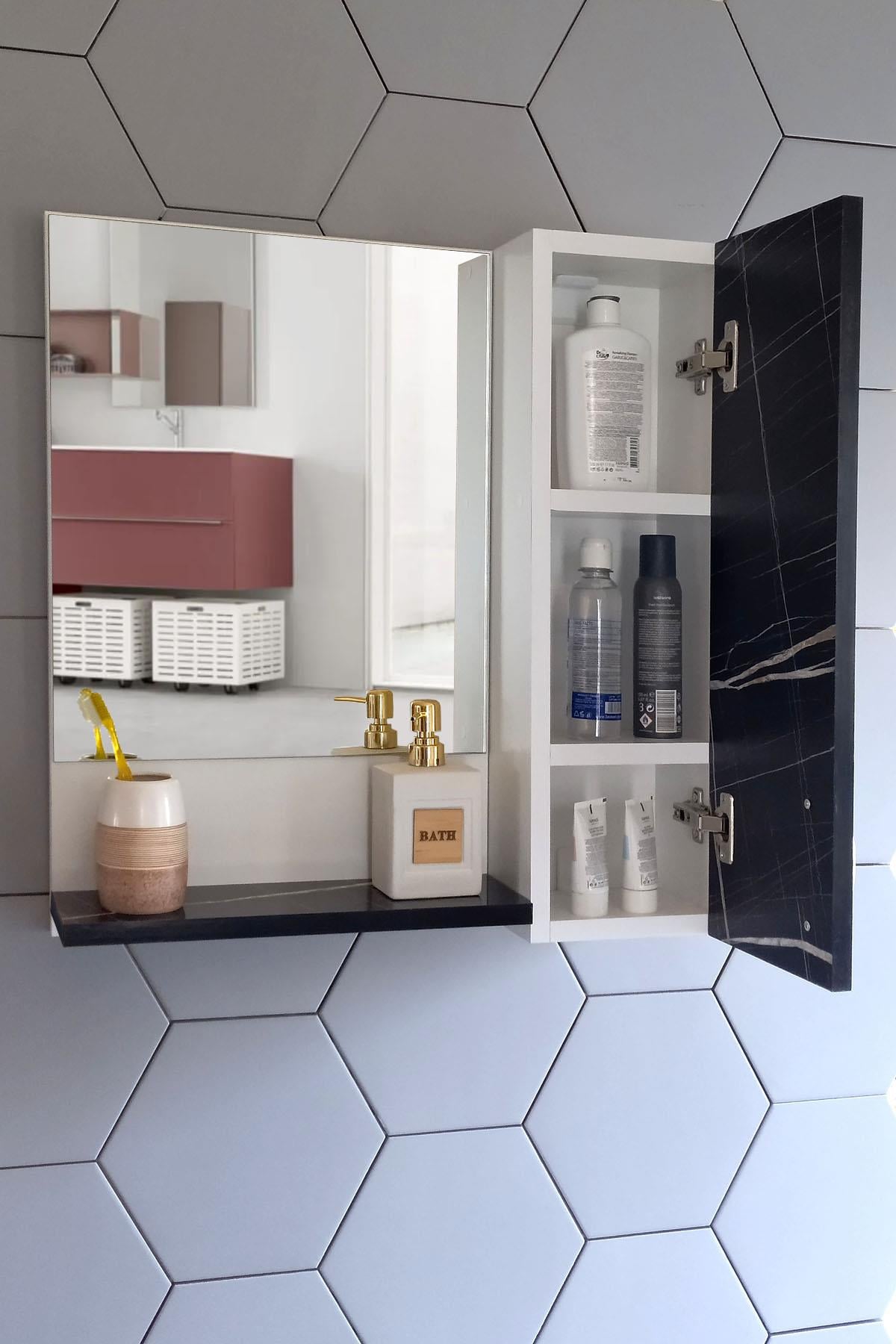 Nurcelant Banyo Dolabı Aynalı Raflı 60 cm Üst Modül Siyah Parlak Desenli Sonata
