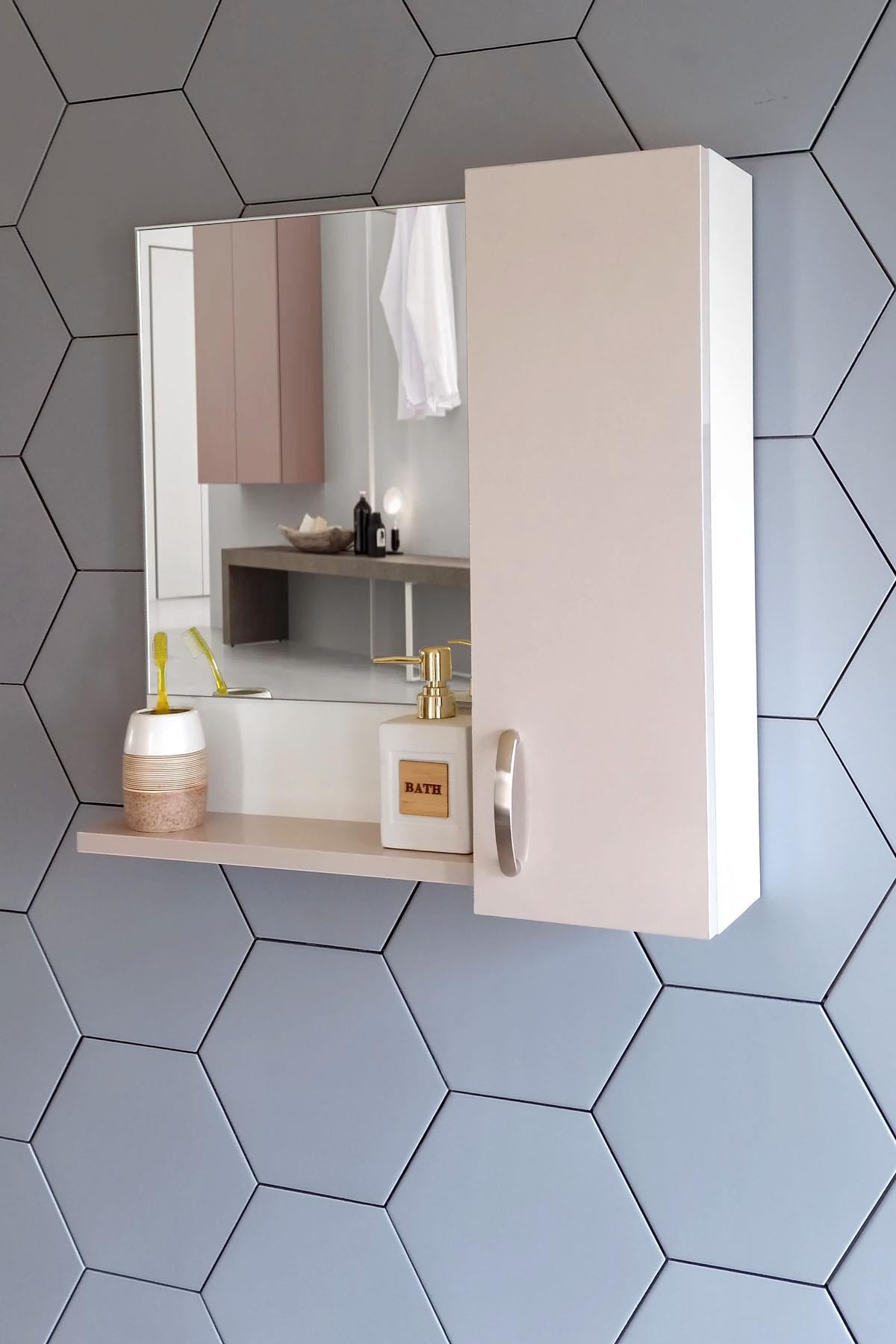Nurcelant Banyo Dolabı Aynalı Raflı 60 cm Üst Modül Açık Pudra-Beyaz