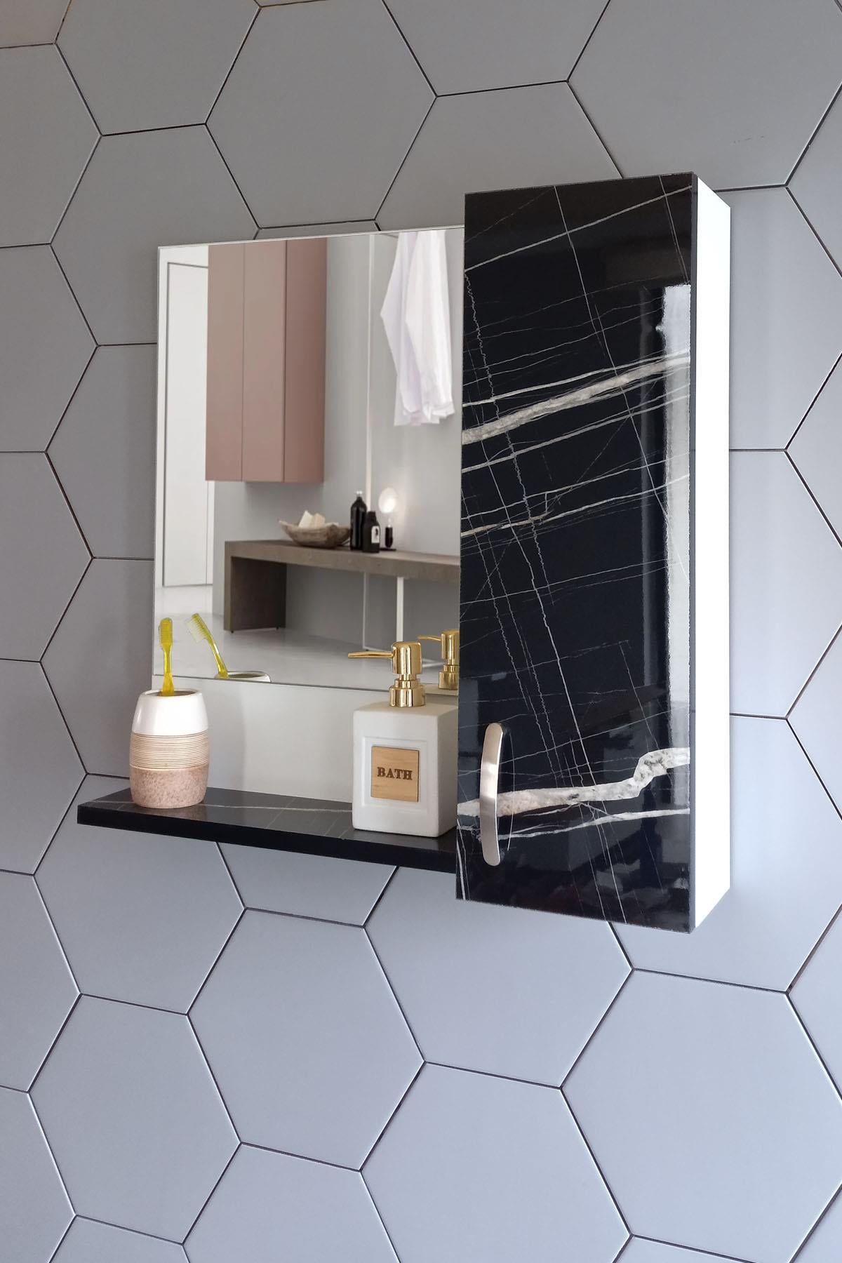 Nurcelant Banyo Dolabı Aynalı Raflı 60 cm Üst Modül Siyah Parlak Desenli Sonata