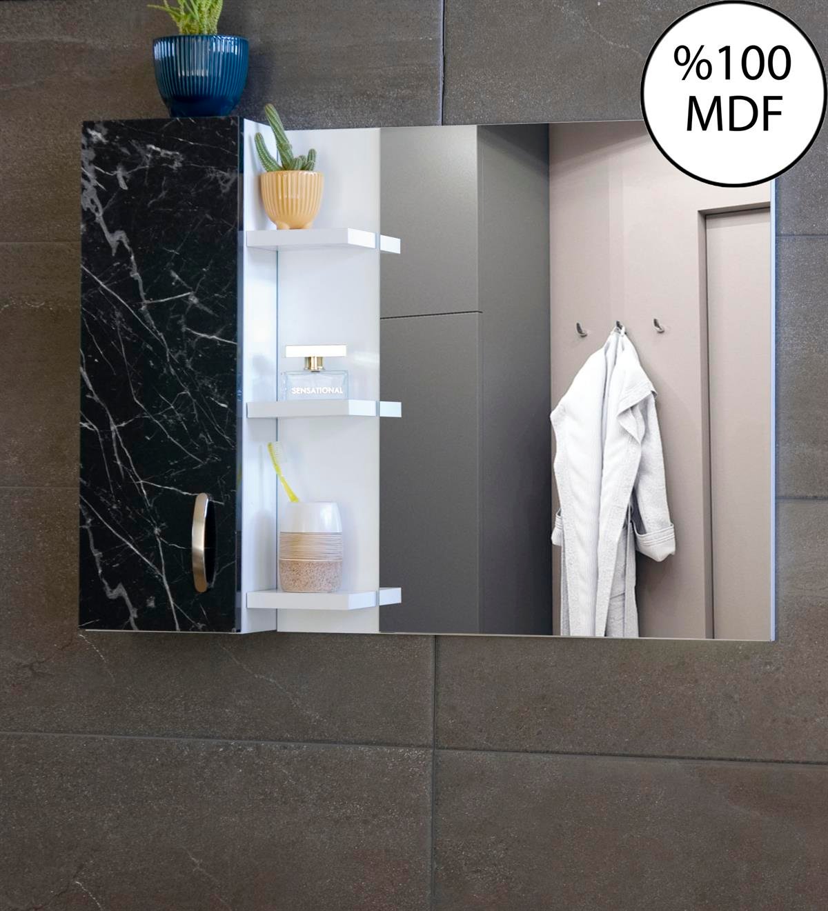 Nurcelant Banyo Dolabı Aynalı Raflı 80 cm Üst Modül Siyah Mermer Desenli Beyaz