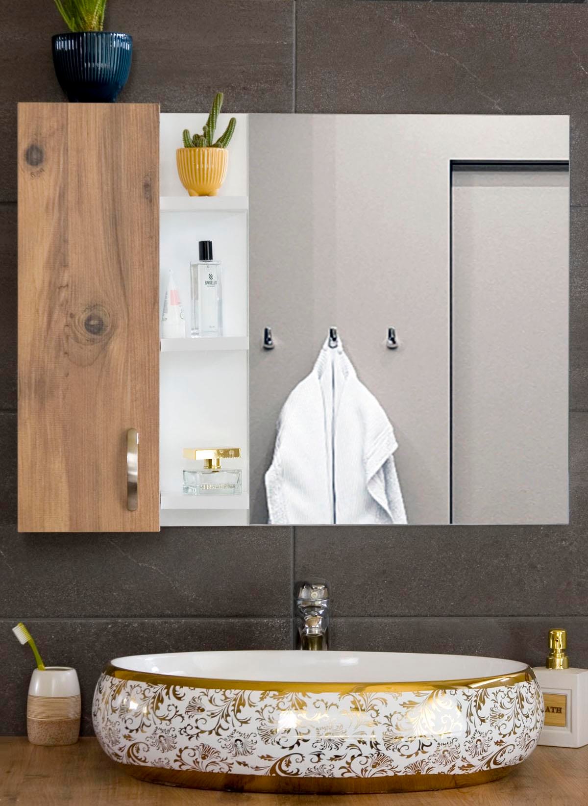 Nurcelant Banyo Dolabı Aynalı Raflı 80 cm Üst Modül Beyaz / Kayın