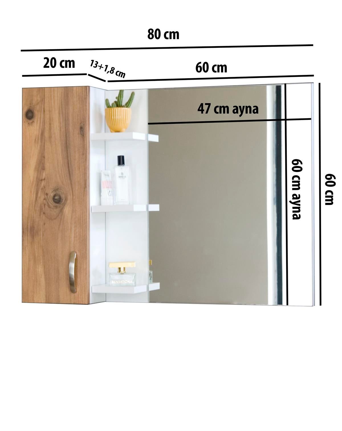 Nurcelant Banyo Dolabı Aynalı Raflı 80 cm Üst Modül Beyaz / Kayın