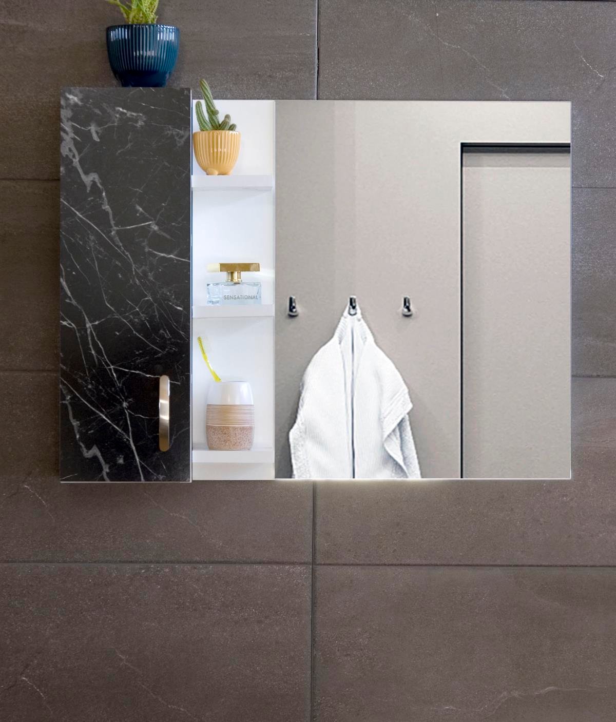 Nurcelant Banyo Dolabı Aynalı Raflı 80 cm Üst Modül Siyah Mermer Desenli Beyaz