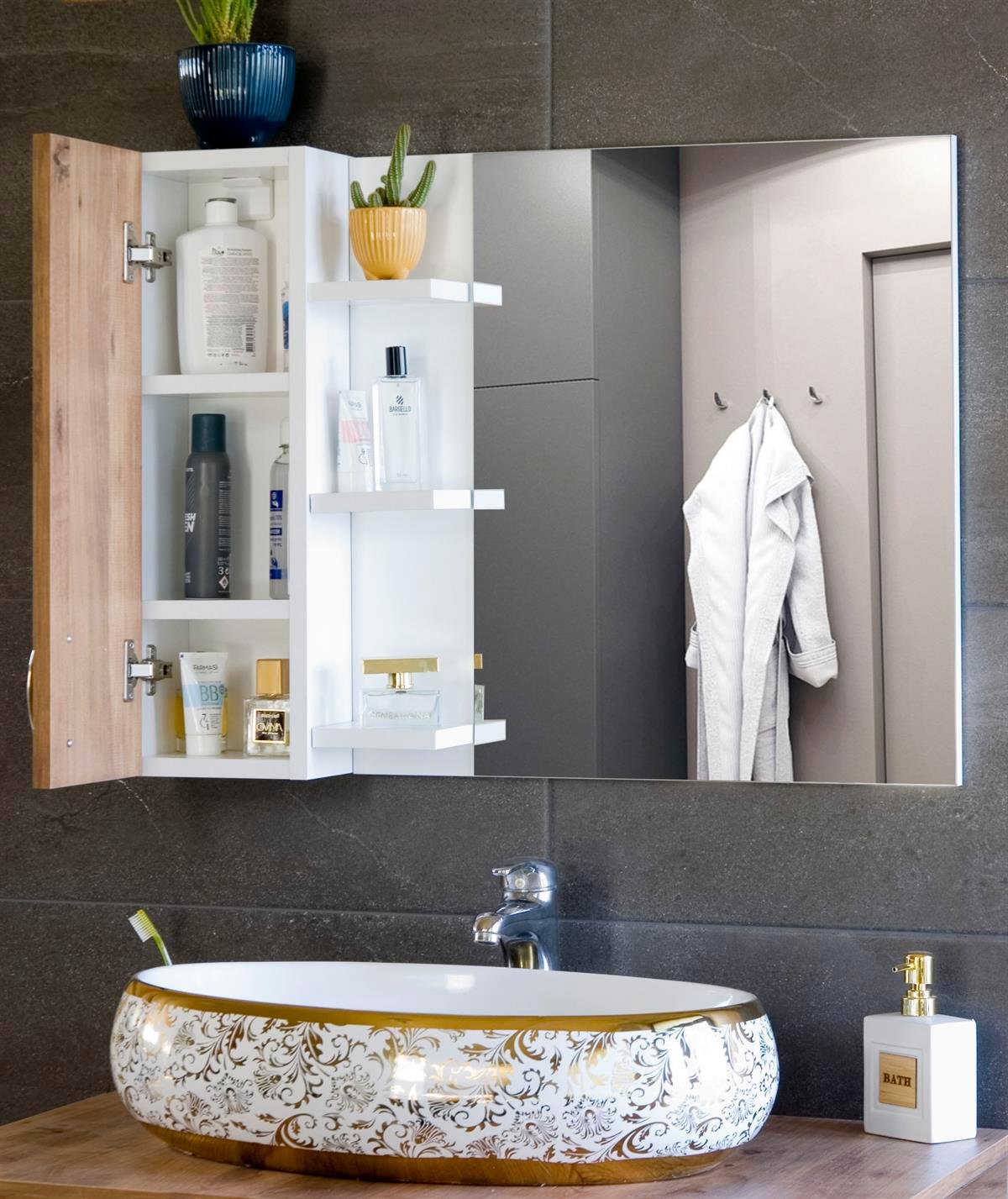 Nurcelant Banyo Dolabı Aynalı Raflı 80 cm Üst Modül Beyaz / Kayın