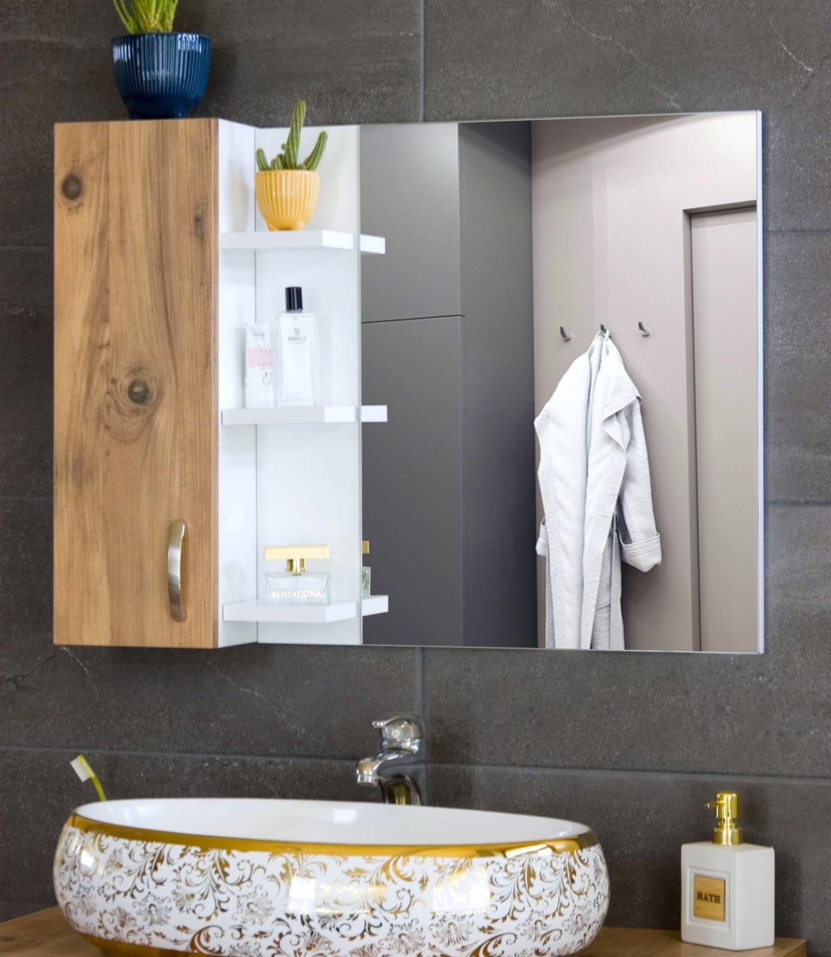 Nurcelant Banyo Dolabı Aynalı Raflı 80 cm Üst Modül Beyaz / Kayın