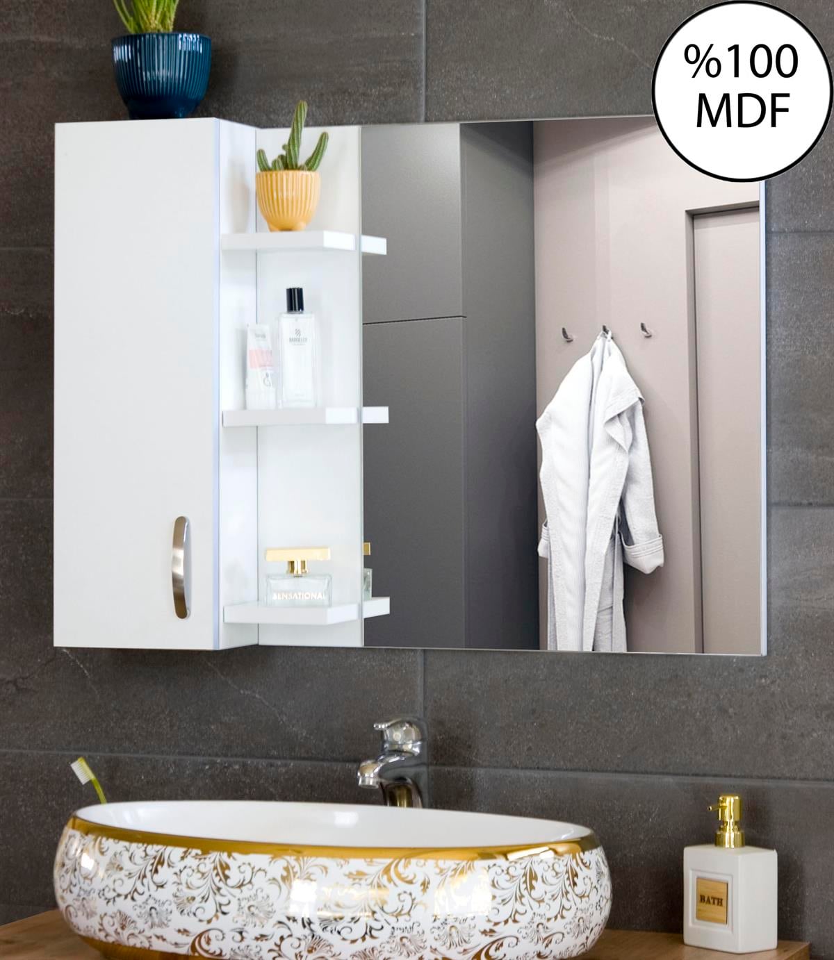 Nurcelant Banyo Dolabı Aynalı Raflı Mdf 80 cm Üst Modül Beyaz