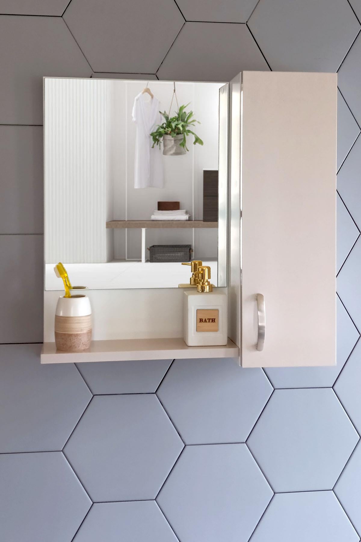 Nurcelant Banyo Dolabı Aynalı Raflı Mdf 60 cm Üst Modül Açık Pudra-Beyaz