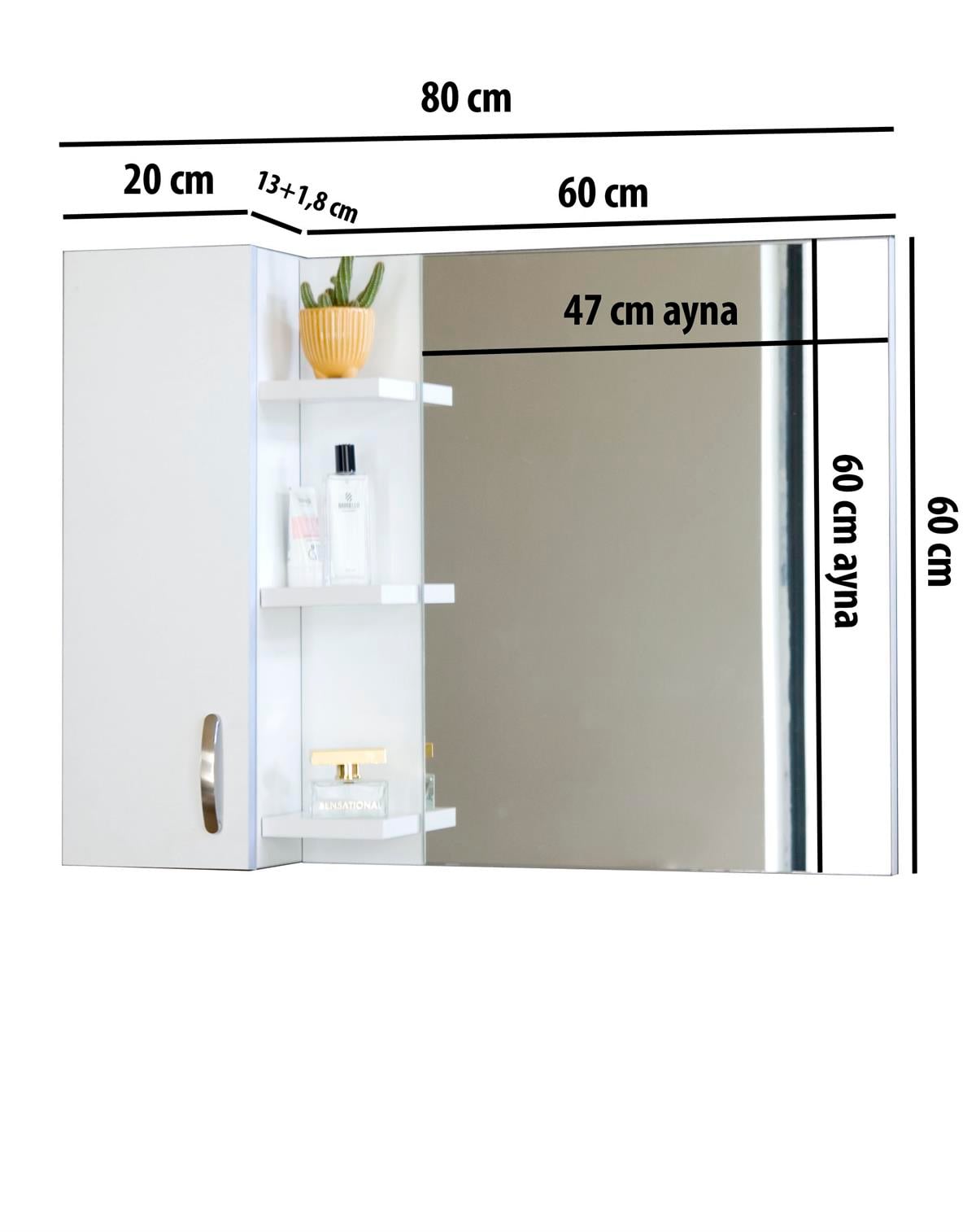 Nurcelant Banyo Dolabı Aynalı Raflı Mdf 80 cm Üst Modül Beyaz