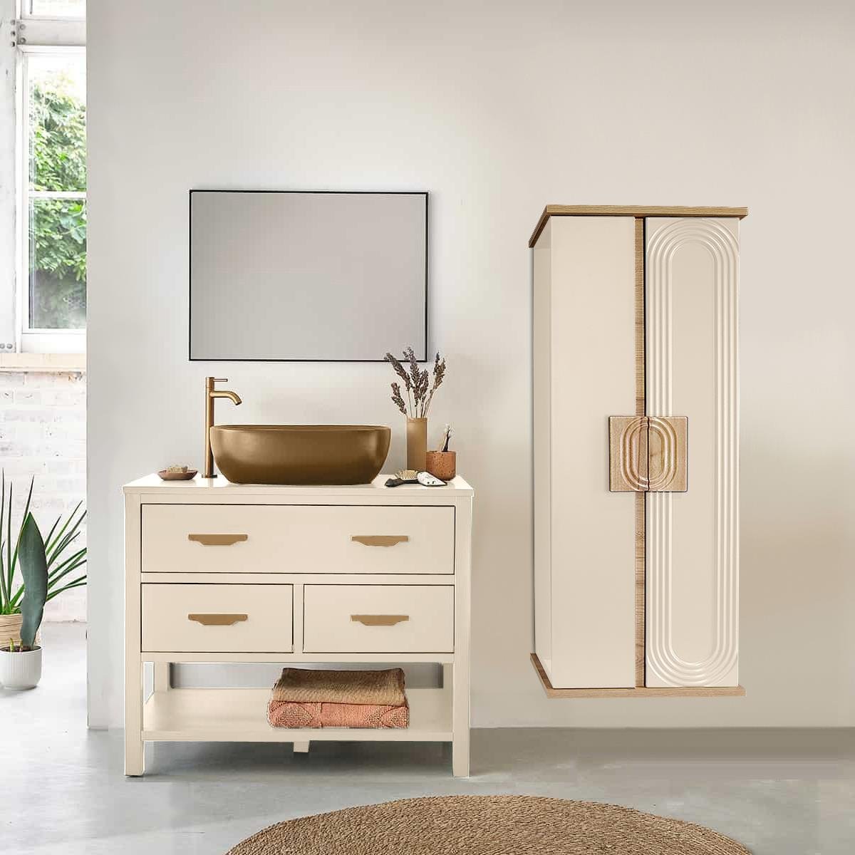 Nurcelant Banyo Mutfak Erzak Boy Dolabı Mdf Krem