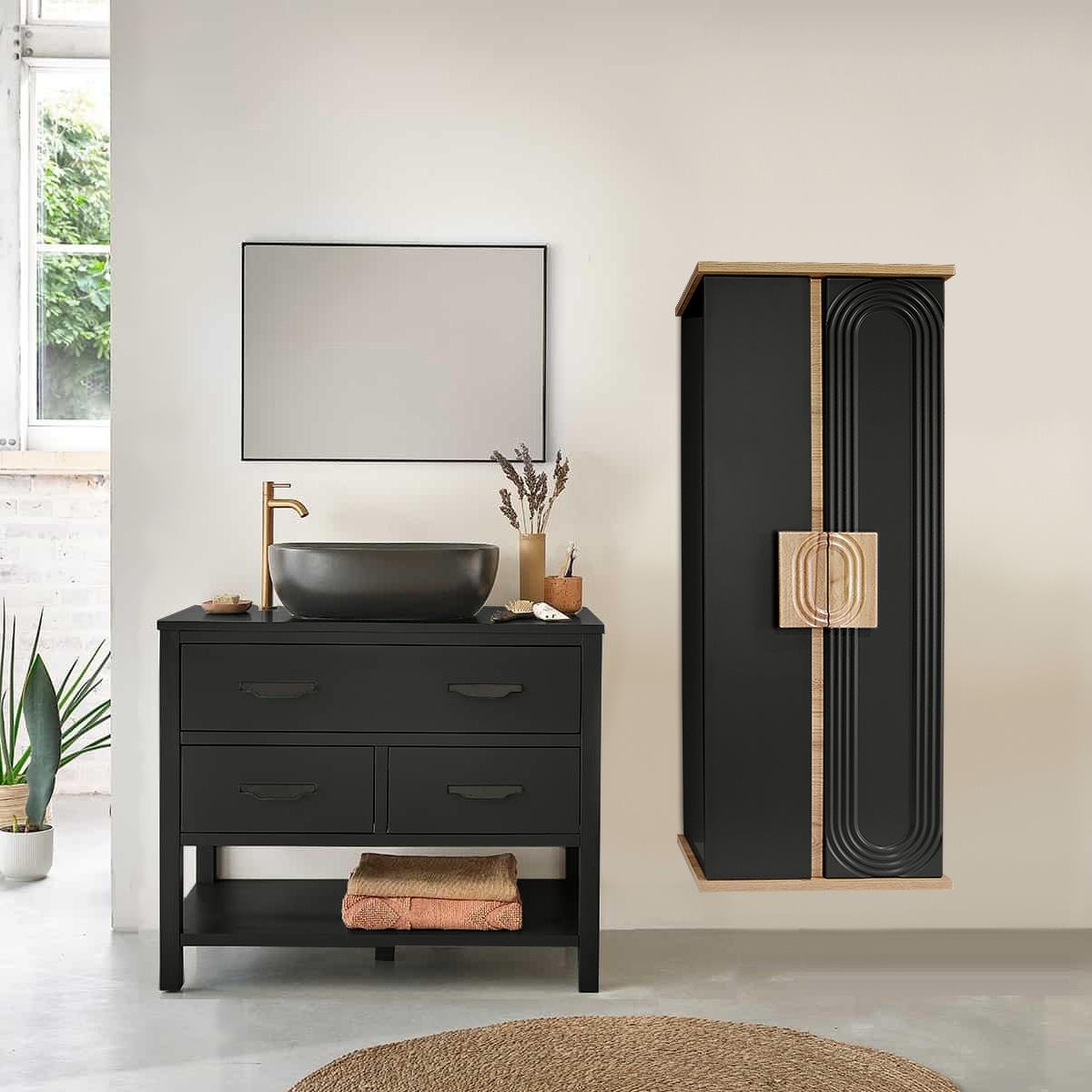 Nurcelant Banyo Mutfak Erzak Boy Dolabı Mdf Siyah