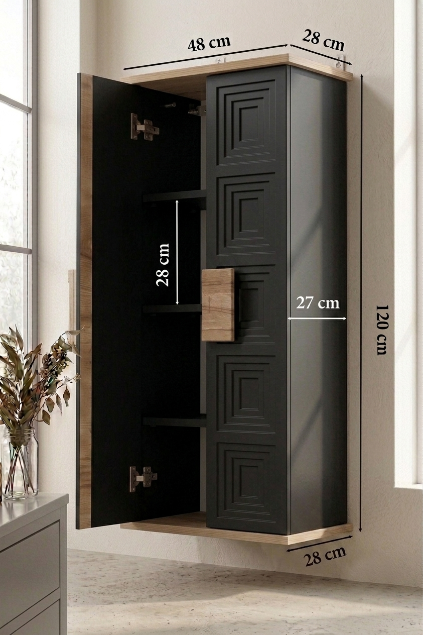 Nurcelant Banyo Mutfak Erzak Boy Dolabı Mdf Siyah