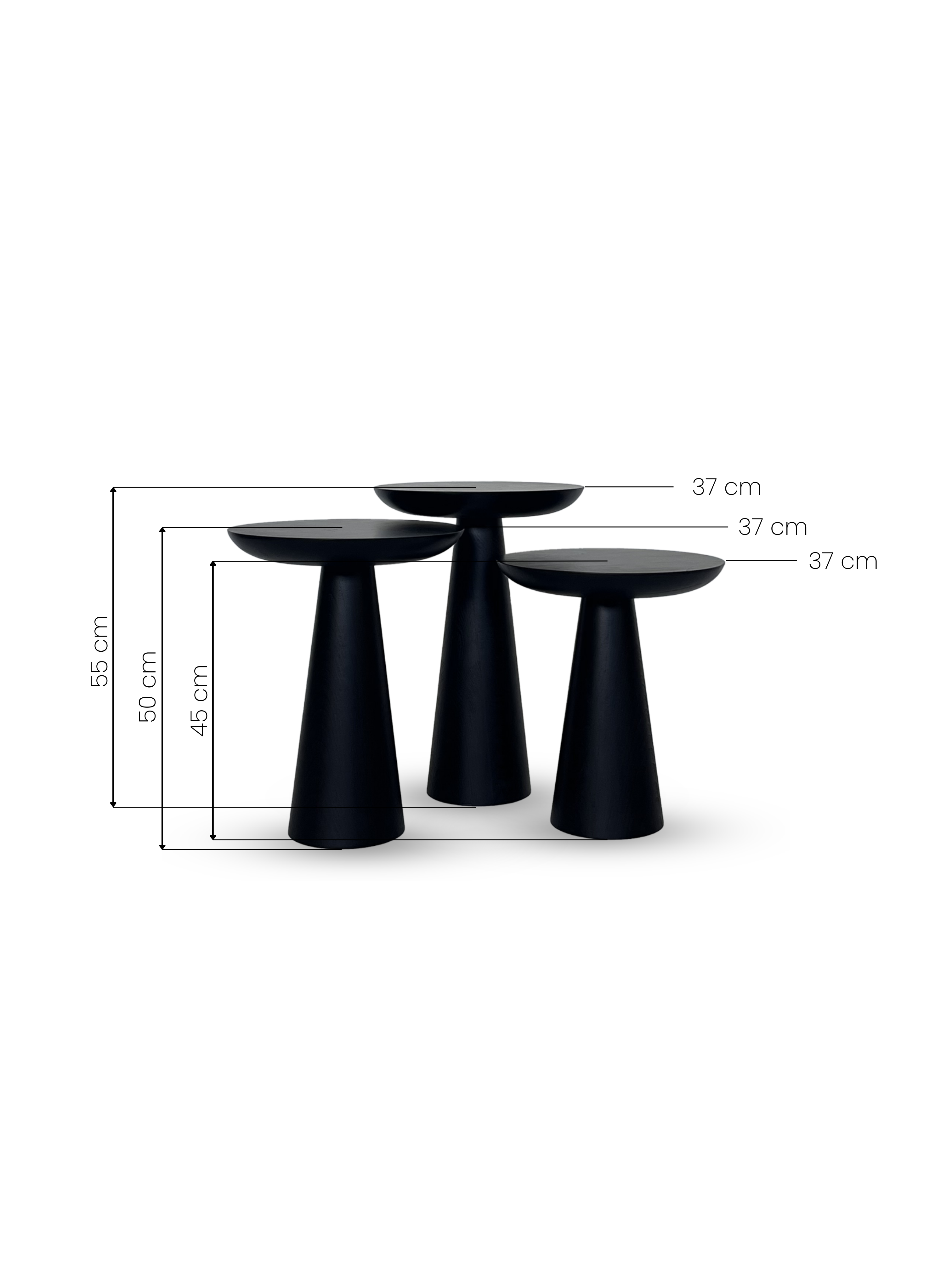 3'lü Zigon Mantar Sehpa Mushroom | Masif Ahşap Modern Yan Sehpa Takımı (Siyah)