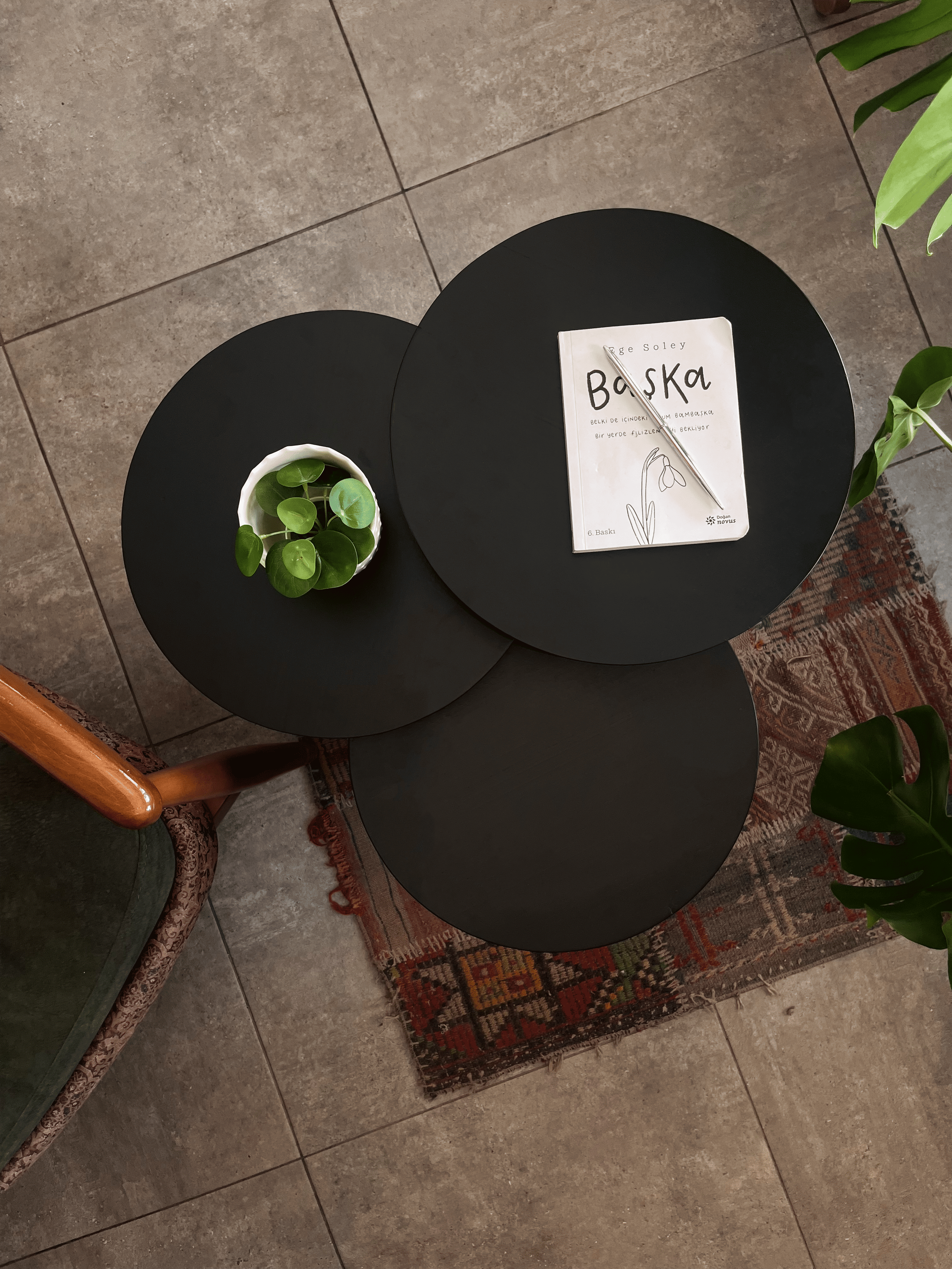 3'lü Zigon Mantar Sehpa Mushroom | Masif Ahşap Modern Yan Sehpa Takımı (Siyah)