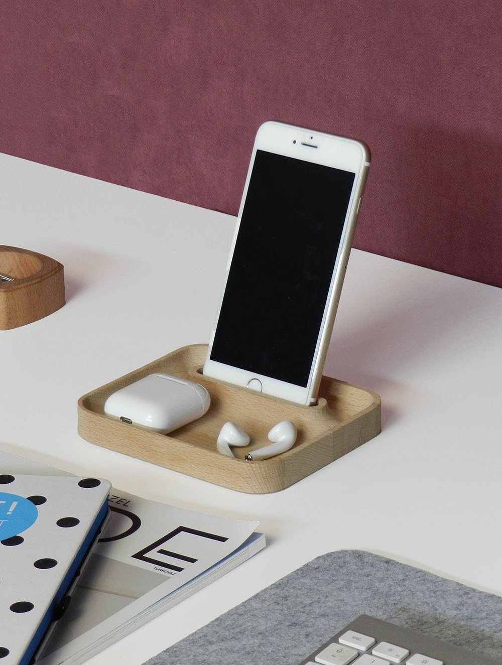 Ahşap Masa Üstü Telefon Standı Ve Masa Düzenleyici, Telefon Tutucu Ofis Aksesuarı, Anahtar, Kulaklık Ve Kartvizit Tutucu – Nova 
