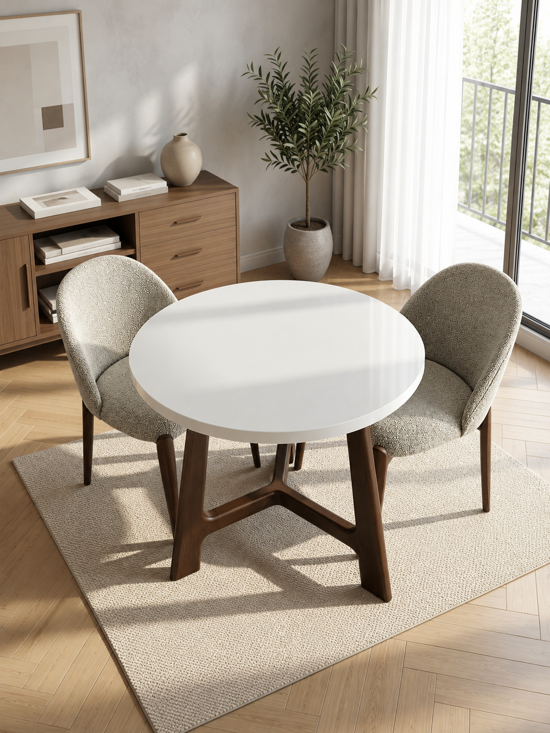 Datça 90 cm yuvarlak beyaz MDF masa ceviz kelebek ayaklı