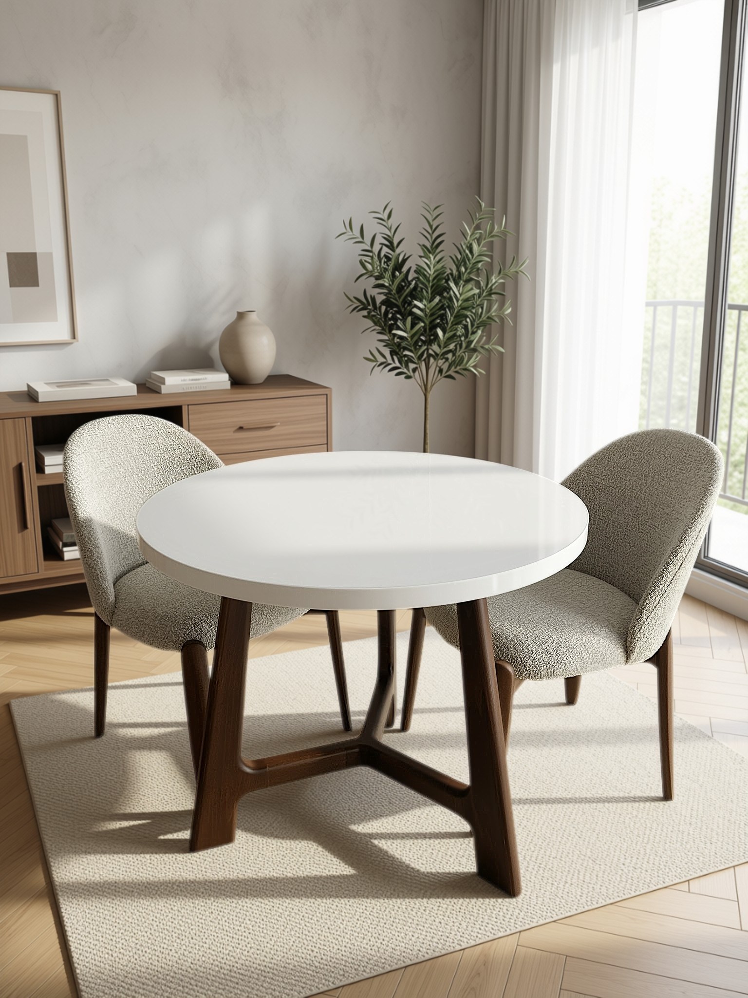 Datça 90 cm küçük yemek masası beyaz MDF tabla ceviz masif ahşap ayak